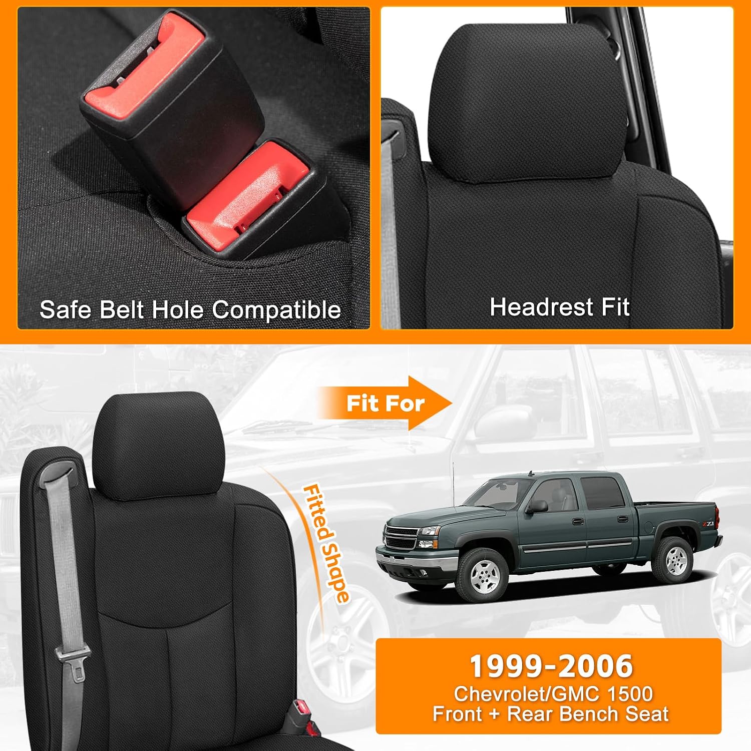 Covelta Front & Rear Seat Covers for 1999–2006 Chevy Silverado 1500 & GMC Sierra 1500（Black 