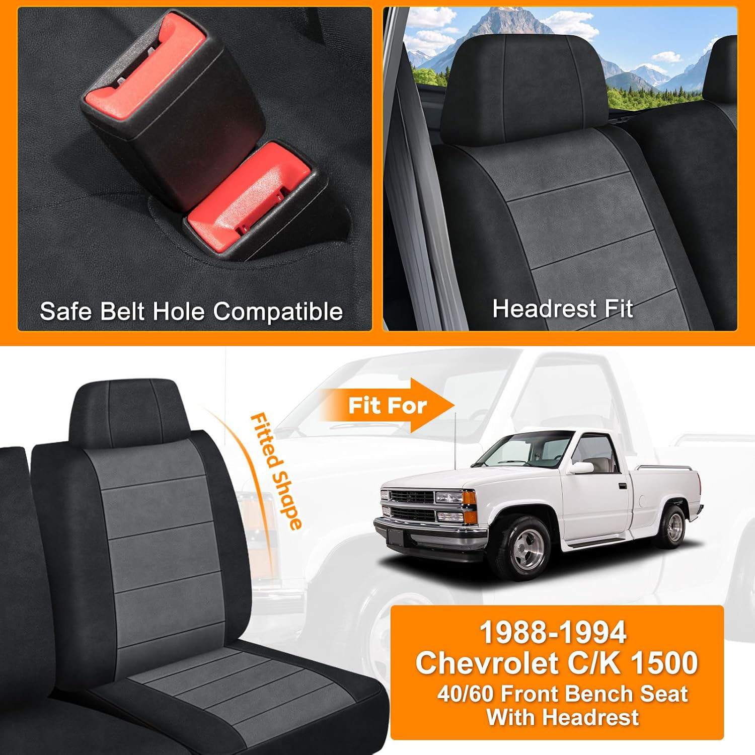Covelta Front Bench Seat Covers Replace for 1988-1994 Chevy C/K 1500 Truck 40/60 Seat with Headrest (Black&Charcoal)
