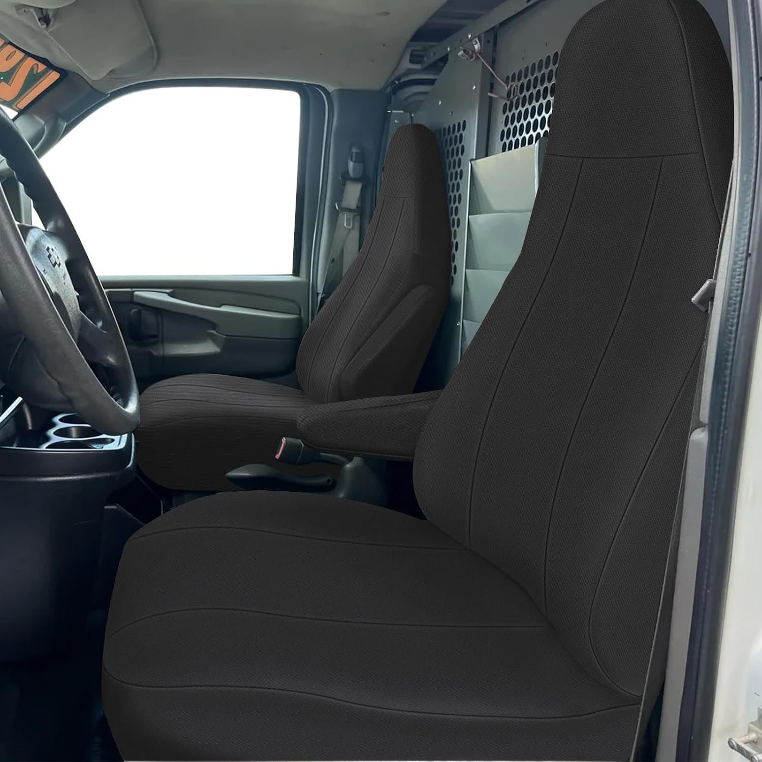 Covelta Seat Cover for 1996-2009 Chevy Express & GMC Savanna with Molded Headrests & Inside Armrest (Black)