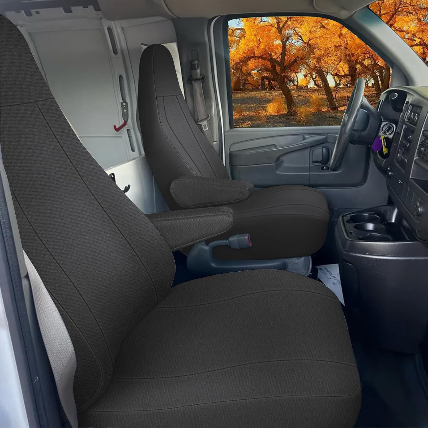 Covelta Seat Cover for 1996-2009 Chevy Express & GMC Savanna with Molded Headrests & Inside Armrest (Black)