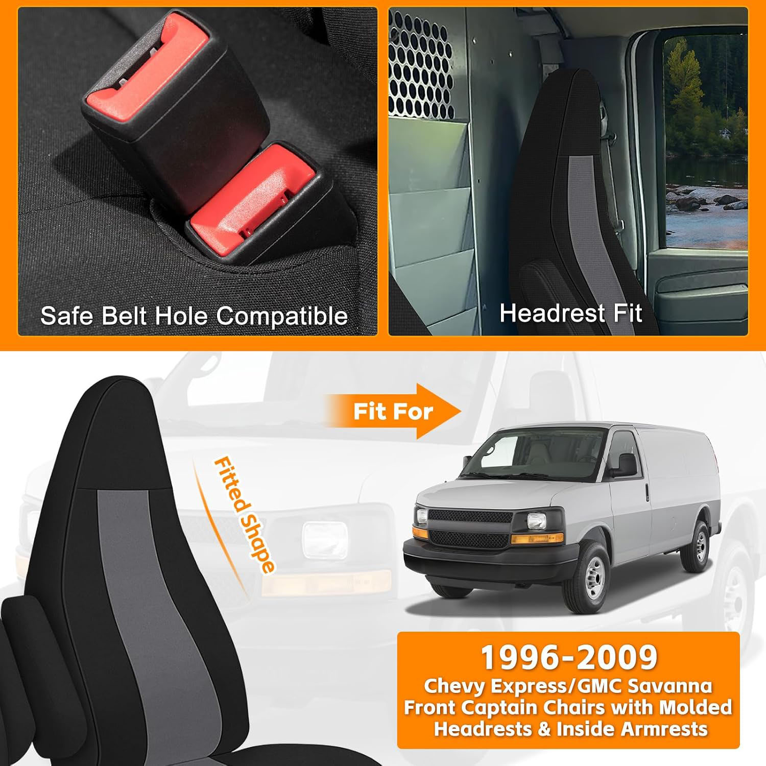 Covelta Seat Cover for 1996-2009 Chevy Express & GMC Savanna with Molded Headrests & Inside Armrest (Black&Charcoal)