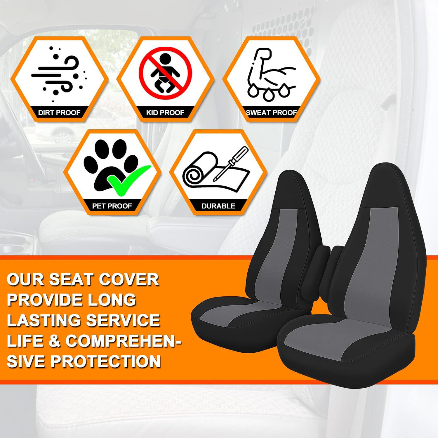 Covelta Seat Cover for 1996-2009 Chevy Express & GMC Savanna with Molded Headrests & Inside Armrest (Black&Charcoal)