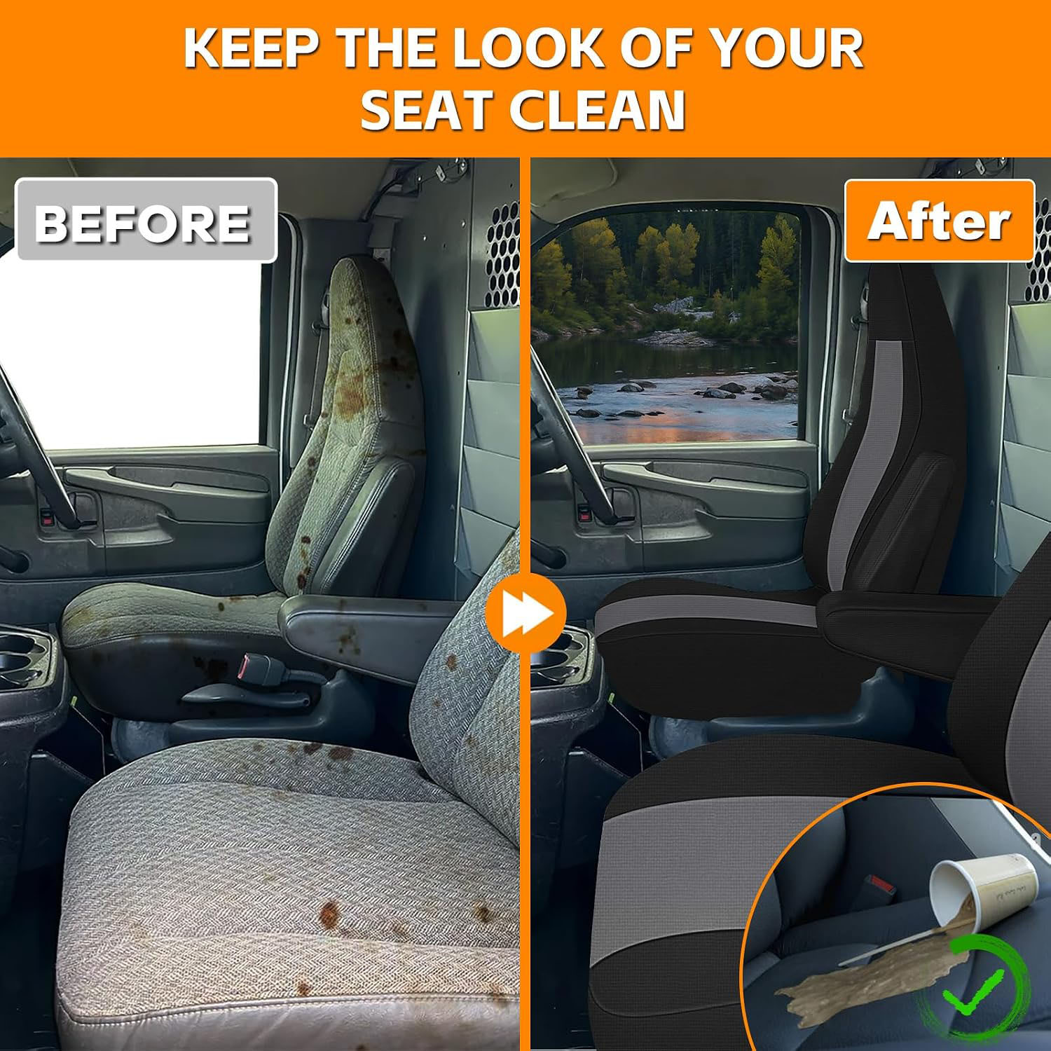 Covelta Seat Cover for 1996-2009 Chevy Express & GMC Savanna with Molded Headrests & Inside Armrest (Black&Charcoal)