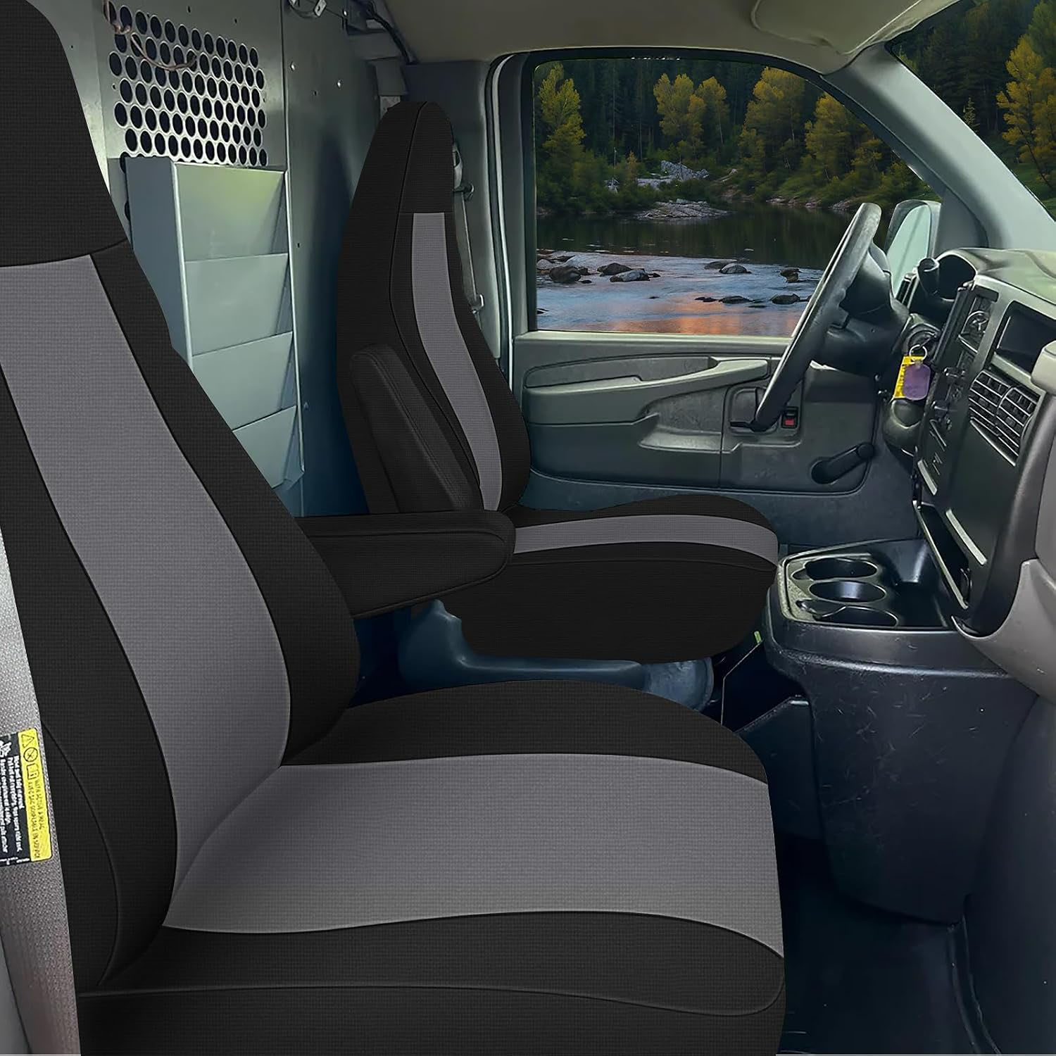 Covelta Seat Cover for 1996-2009 Chevy Express & GMC Savanna with Molded Headrests & Inside Armrest (Black&Charcoal)