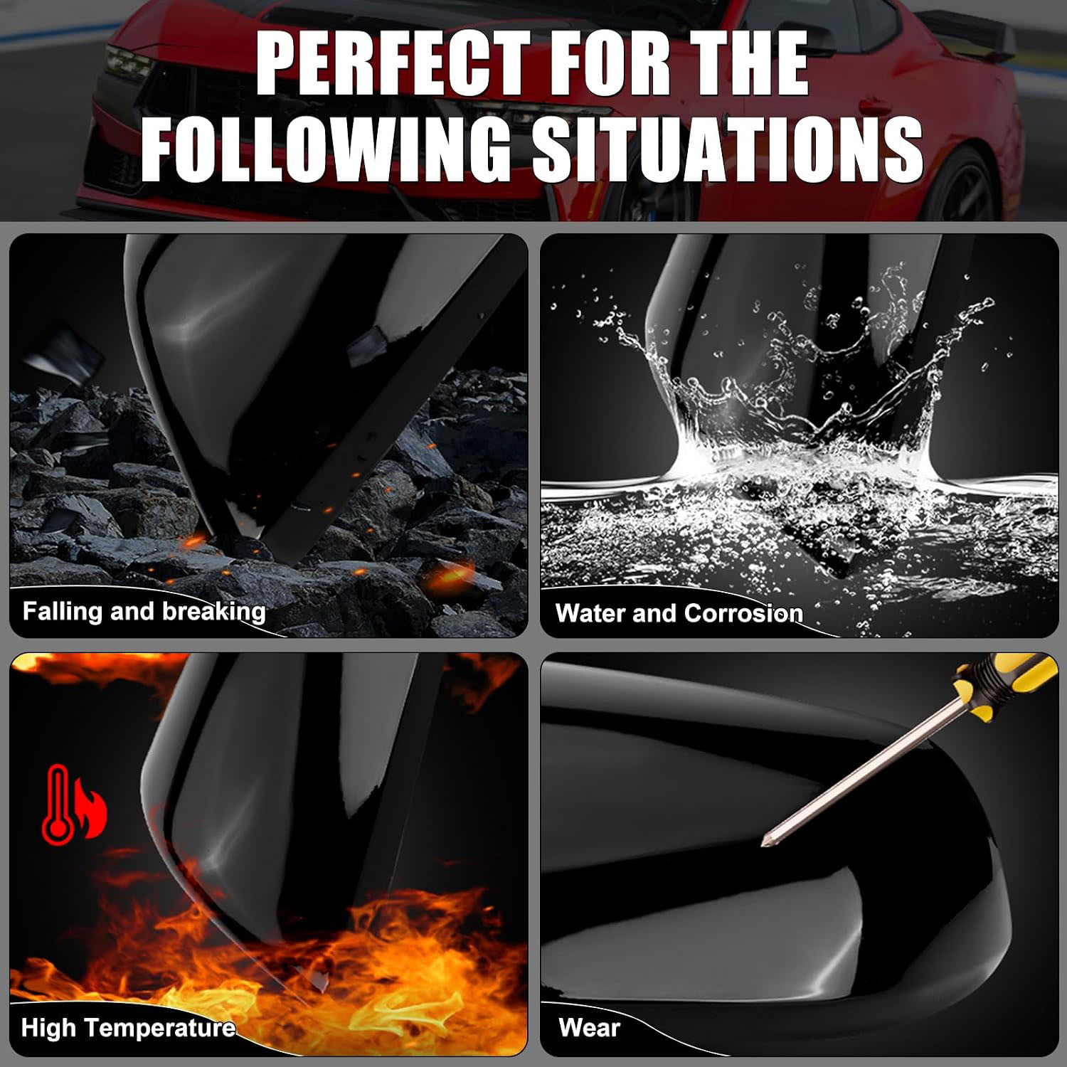 Covelta Glossy Black Mirror Cover Caps Replacement for 2015-2024 Ford Mustang Without Turn Signal
