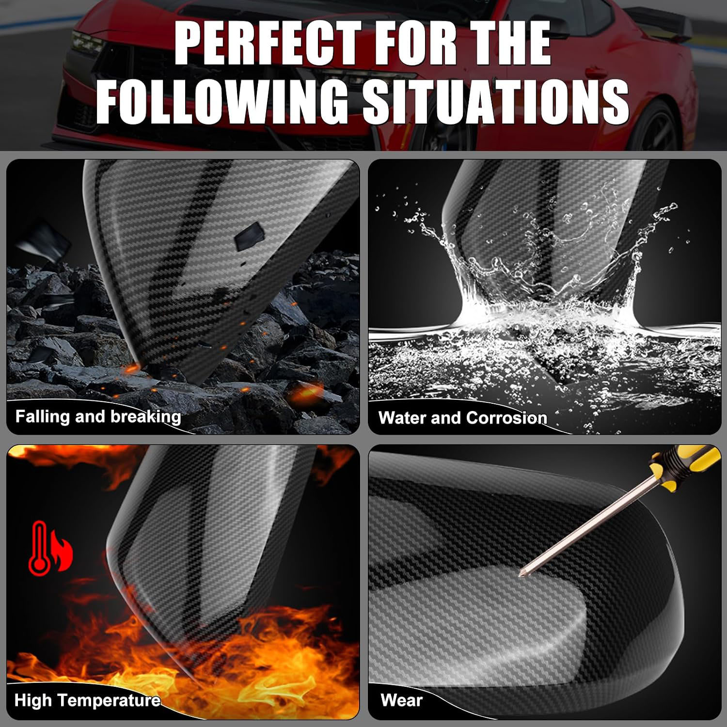 Covelta Carbon Fiber Mirror Cover Caps Replacement for 2015-2024 Ford Mustang Without Turn Signal