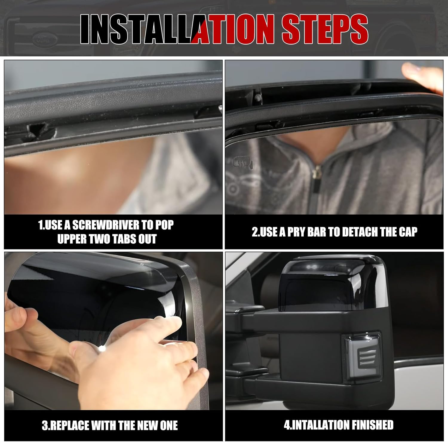 Covelta Glossy Black Towing Mirror Cover Caps Replacement for 2008-2016 Ford F250 F350 F450 F550 Super Duty