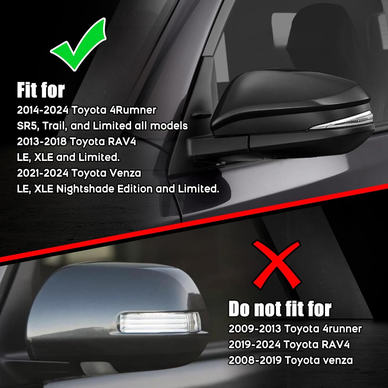 Covelta Mirror Left Driver Cover Caps Replace for 2014-2024 Toyota 4Runner & 2013-2015 Toyota RAV4（Black）
