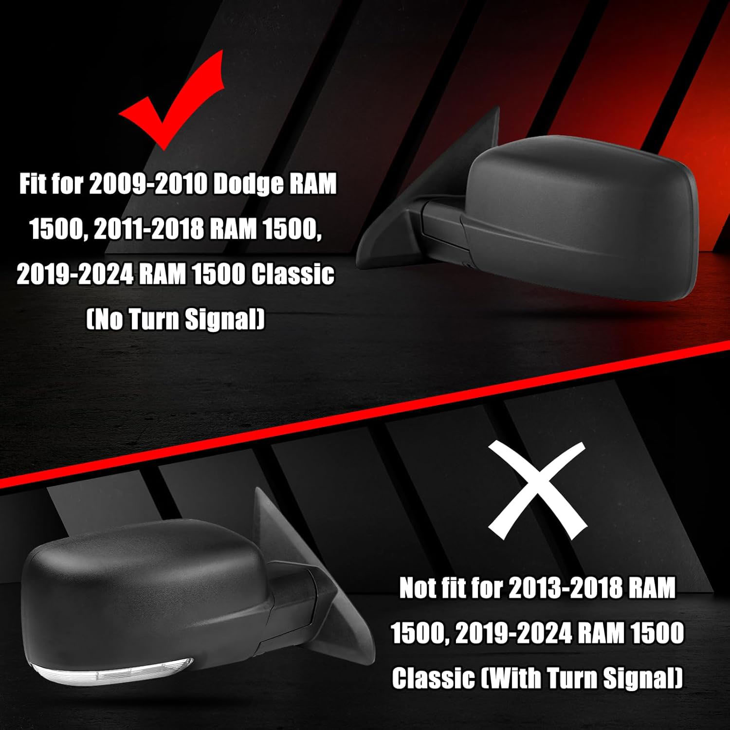 Covelta Mirror Cover Caps Compatible with 2009-2018 Dodge Ram 1500 / 2019-2024 Ram 1500 Classic（Chrome)
