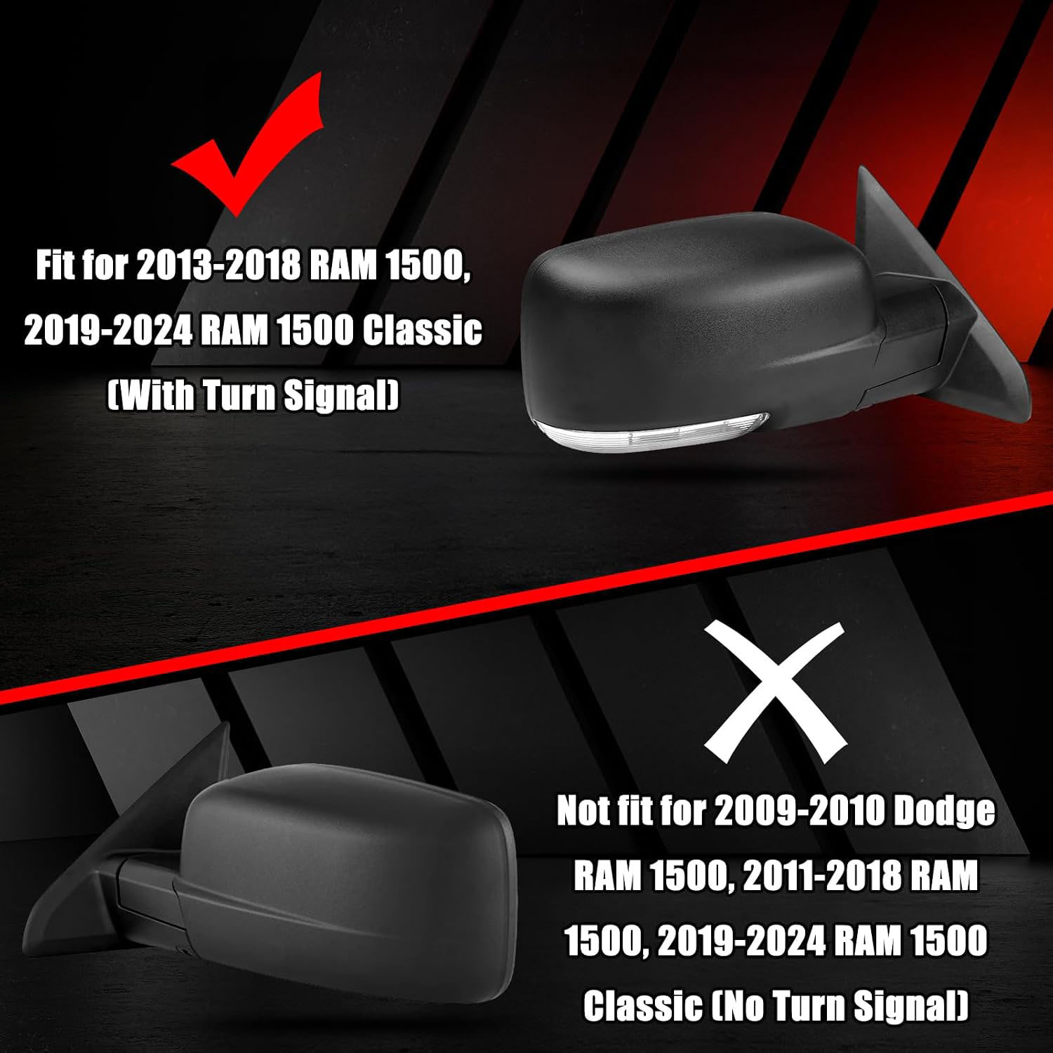 Covelta Mirror Cover Caps Compatible with 2009-2018 Dodge Ram 1500 / 2019-2024 Ram 1500 Classic（Black）