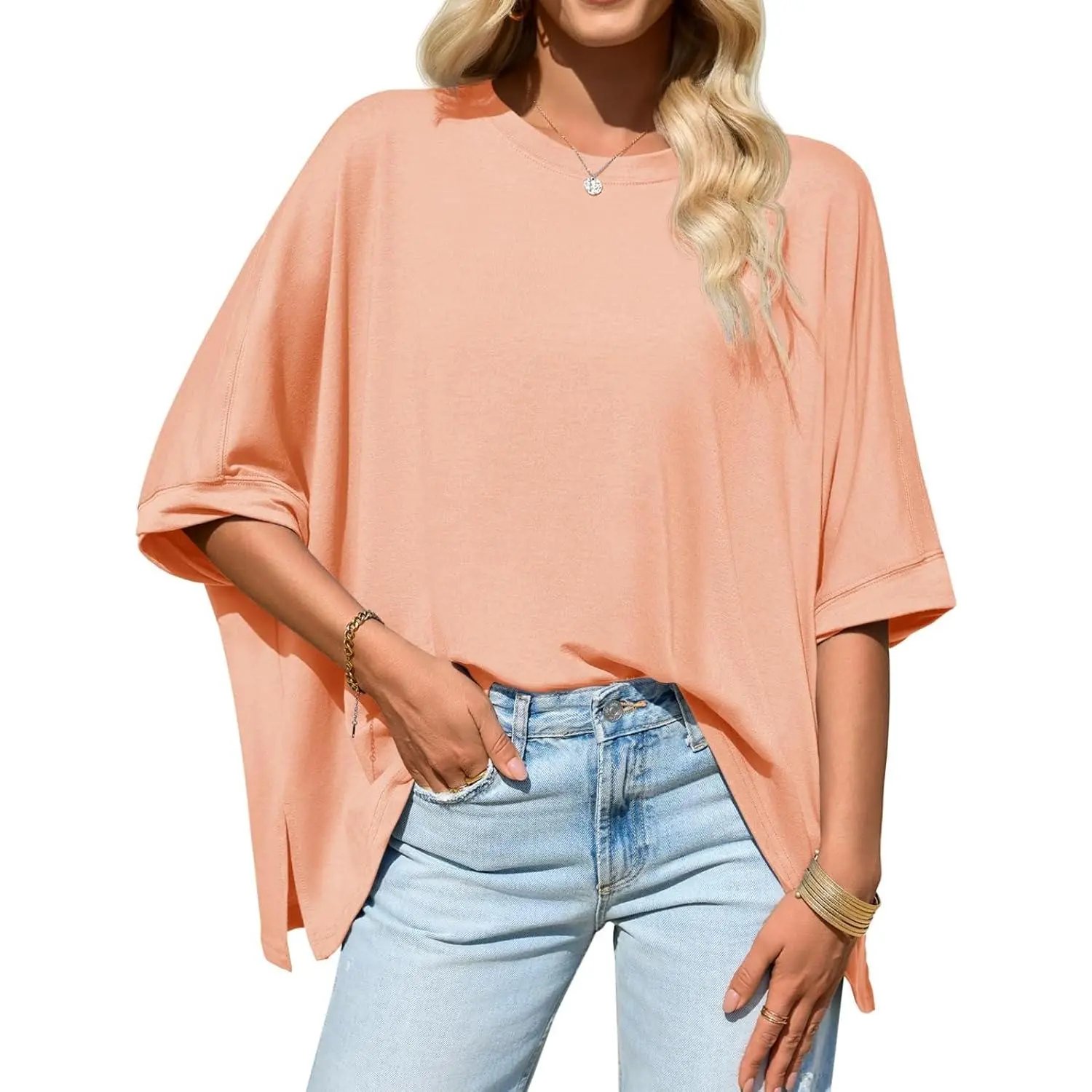 ⏰Hot Sale-Womens Oversized Tshirts Batwing Short Sleeve Asymmetric Hem Tops Summer Casual Loose Fit Tunic Tee Shirts