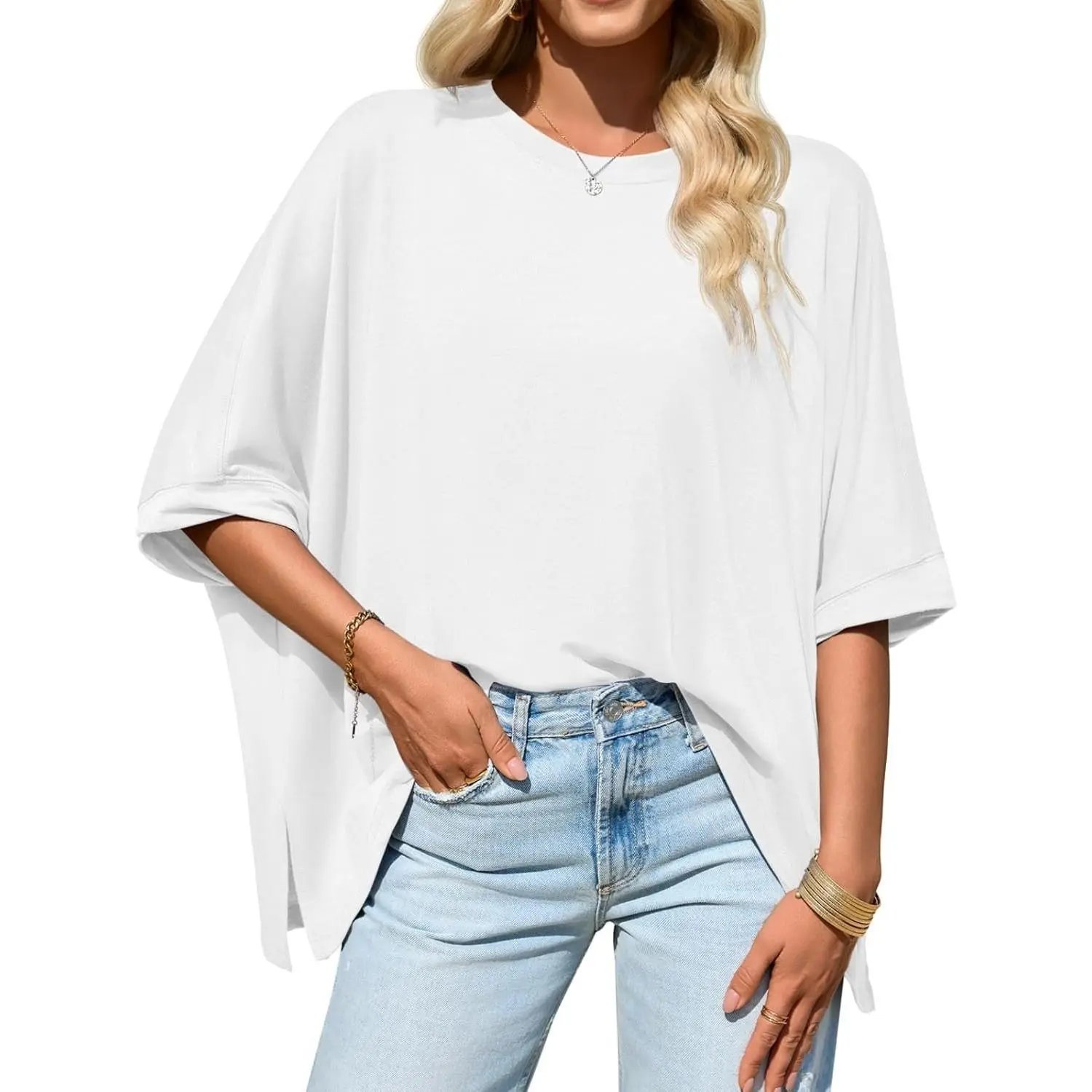⏰Hot Sale-Womens Oversized Tshirts Batwing Short Sleeve Asymmetric Hem Tops Summer Casual Loose Fit Tunic Tee Shirts