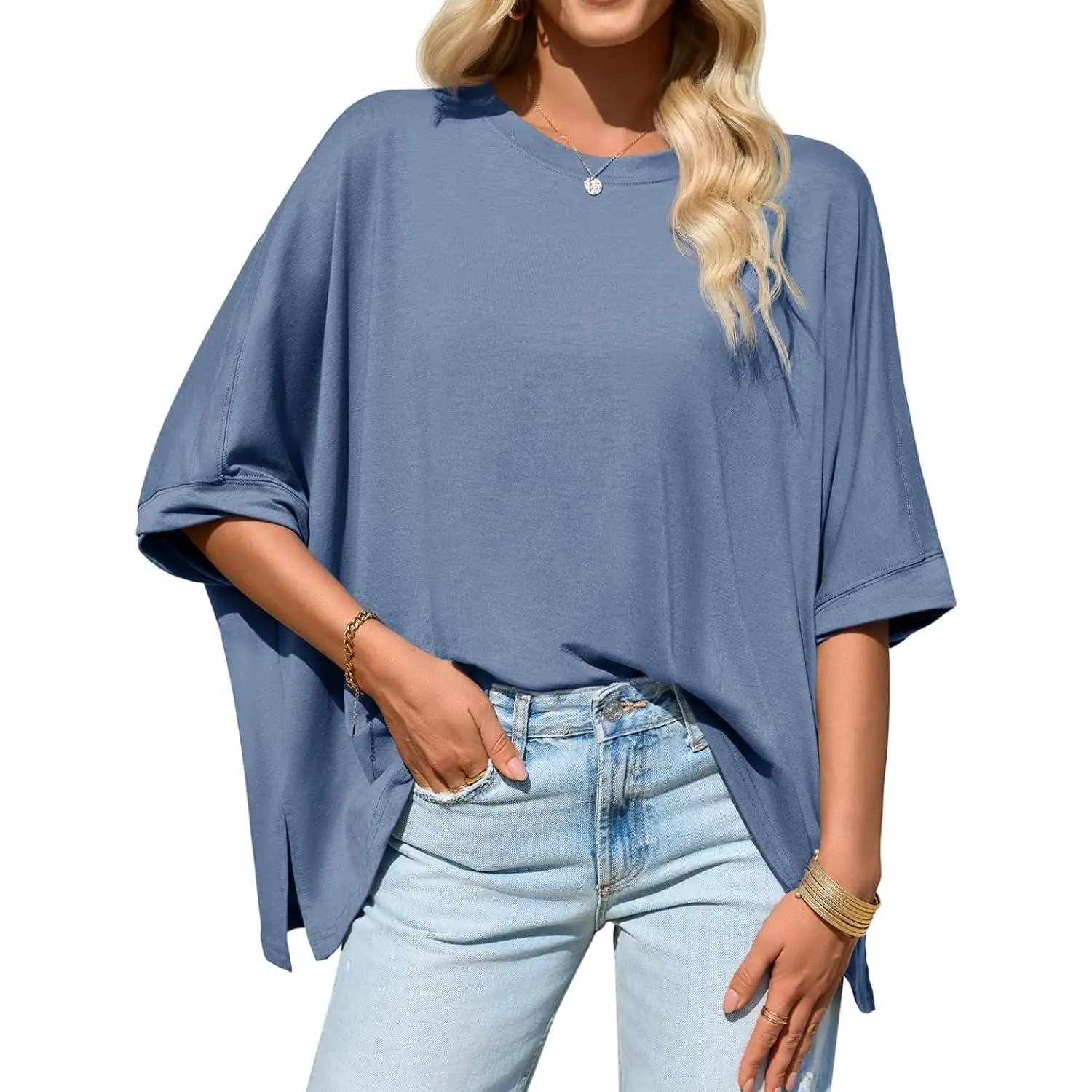⏰Hot Sale-Womens Oversized Tshirts Batwing Short Sleeve Asymmetric Hem Tops Summer Casual Loose Fit Tunic Tee Shirts