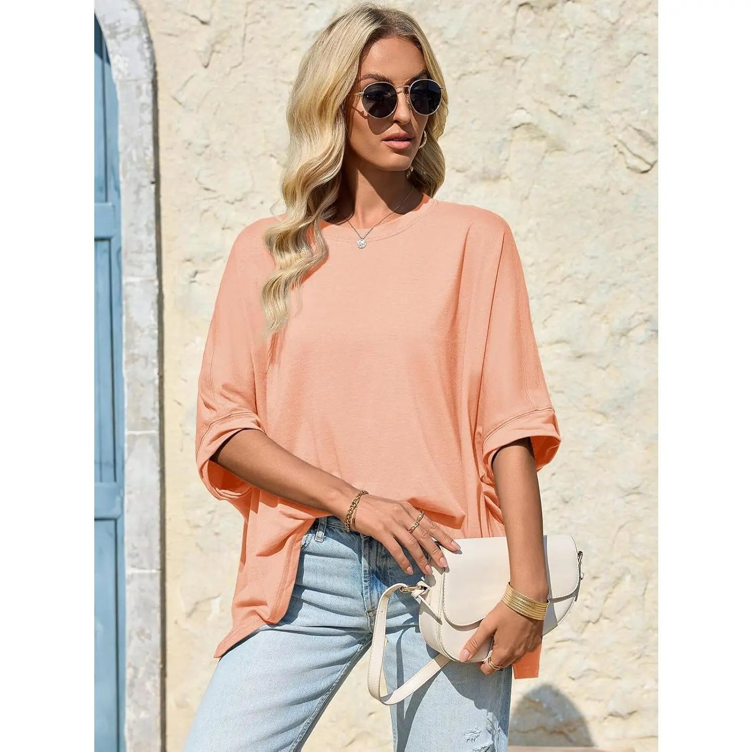 ⏰Hot Sale-Womens Oversized Tshirts Batwing Short Sleeve Asymmetric Hem Tops Summer Casual Loose Fit Tunic Tee Shirts