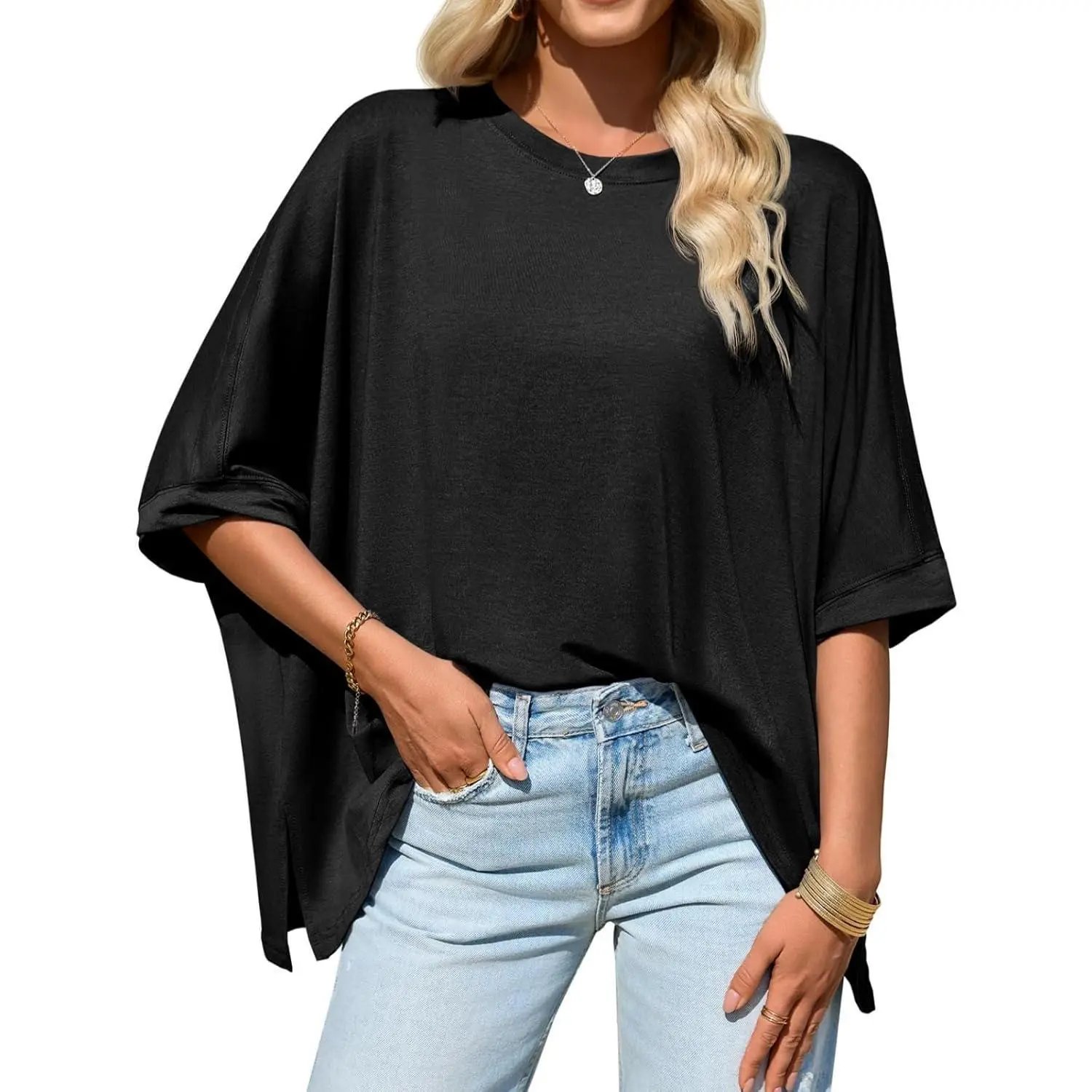 ⏰Hot Sale-Womens Oversized Tshirts Batwing Short Sleeve Asymmetric Hem Tops Summer Casual Loose Fit Tunic Tee Shirts