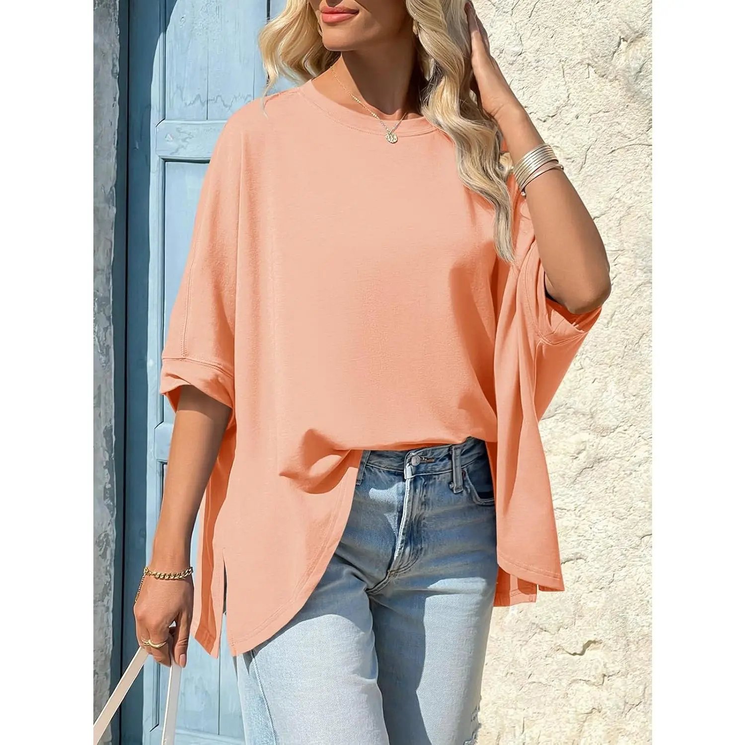 ⏰Hot Sale-Womens Oversized Tshirts Batwing Short Sleeve Asymmetric Hem Tops Summer Casual Loose Fit Tunic Tee Shirts
