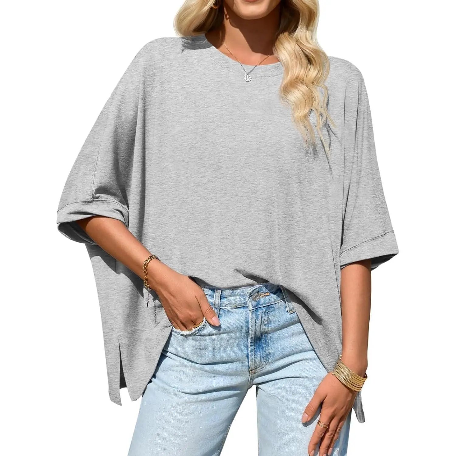 ⏰Hot Sale-Womens Oversized Tshirts Batwing Short Sleeve Asymmetric Hem Tops Summer Casual Loose Fit Tunic Tee Shirts