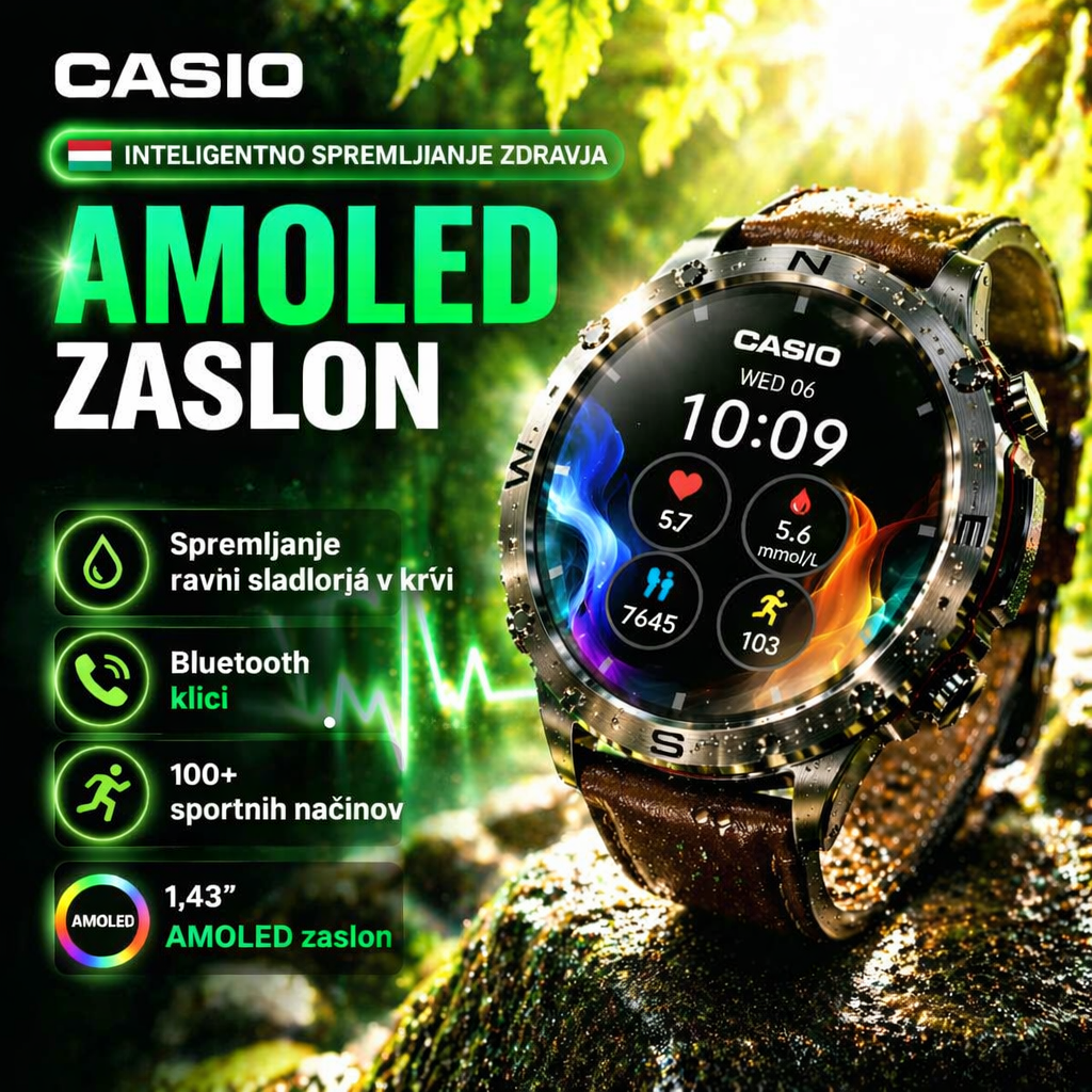 Pametna ura CASIO Style AMOLED – merjenje krvnega sladkorja, klicanje prek Bluetootha, več kot 100 športnih načinov