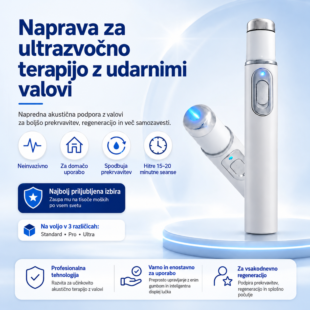 Napredna akustična udarnovalna terapija povrne zdravje tkiva penisa, izboljša trdoto erekcije, vzdržljivost in moško samozavest pri delovanju. Hkrati lajša bolečine v mišicah, togost sklepov in bolečine v tetivah.