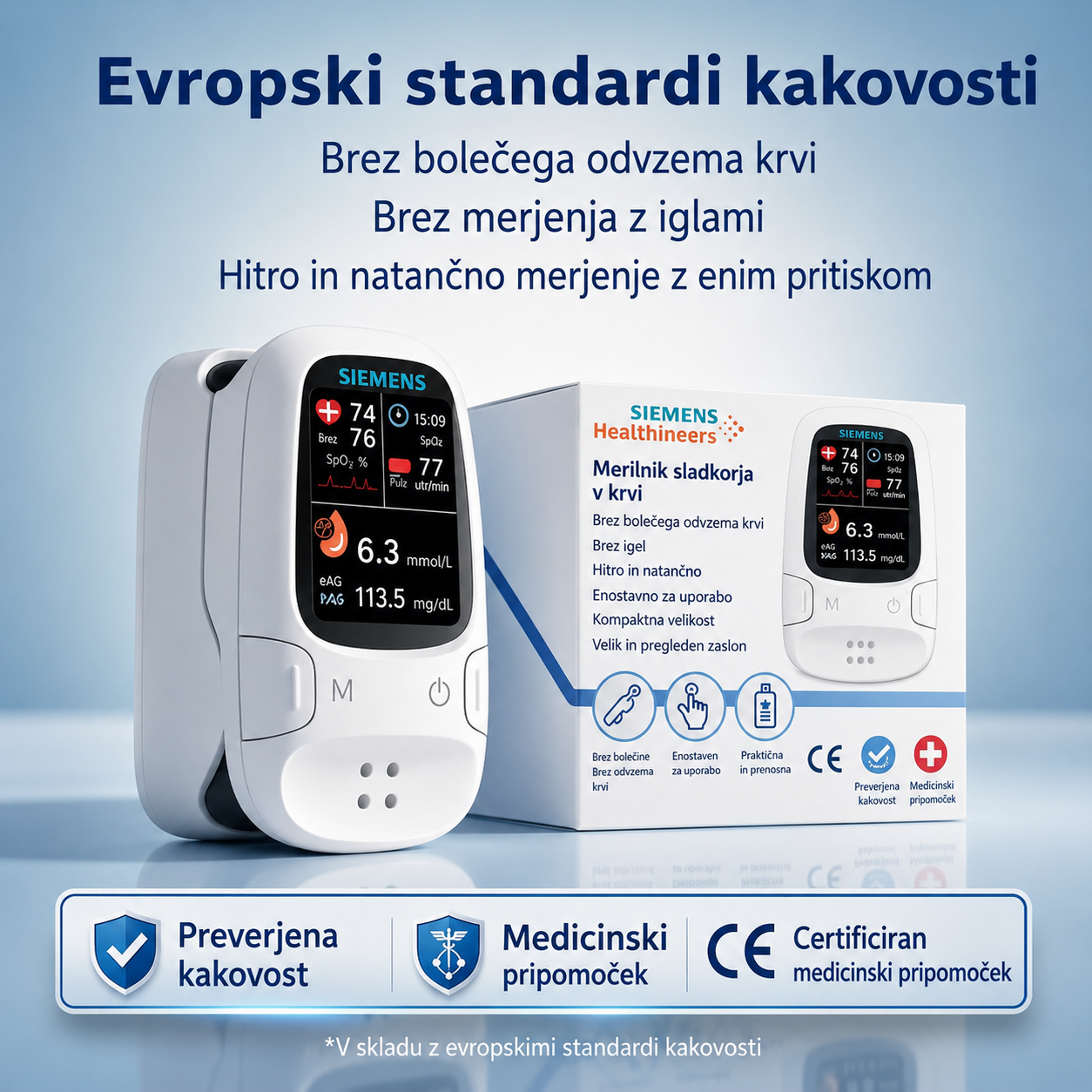 🩸 Glukometer brez prebadanja – Siemens | Brezbolečno spremljanje glukoze doma 📊
