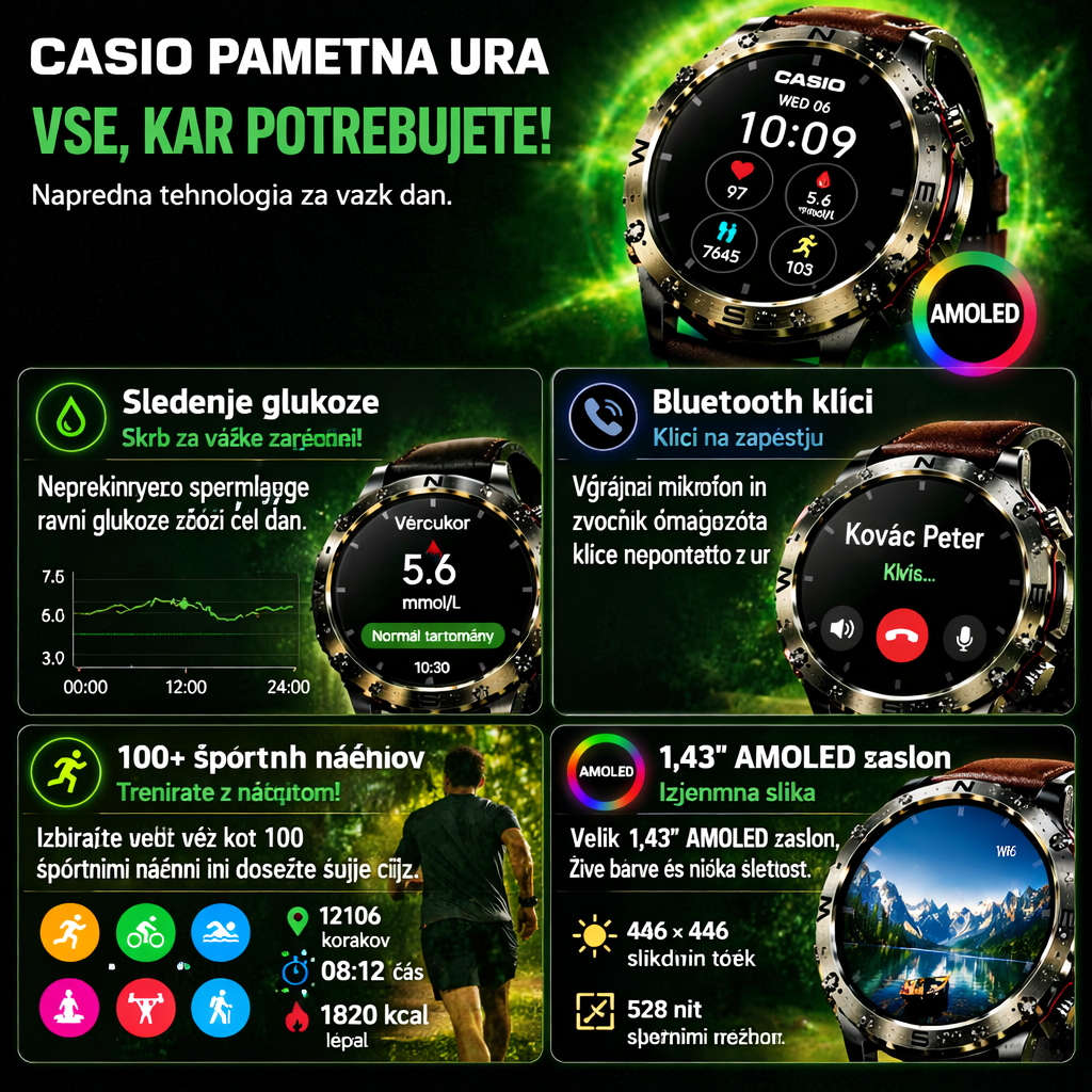 Pametna ura CASIO Style AMOLED – merjenje krvnega sladkorja, klicanje prek Bluetootha, več kot 100 športnih načinov