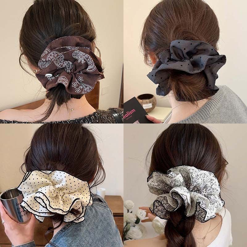 Korean retro high-end paisley double-layer fabric pleated hair tie for creating a voluminous bun or low ponytail