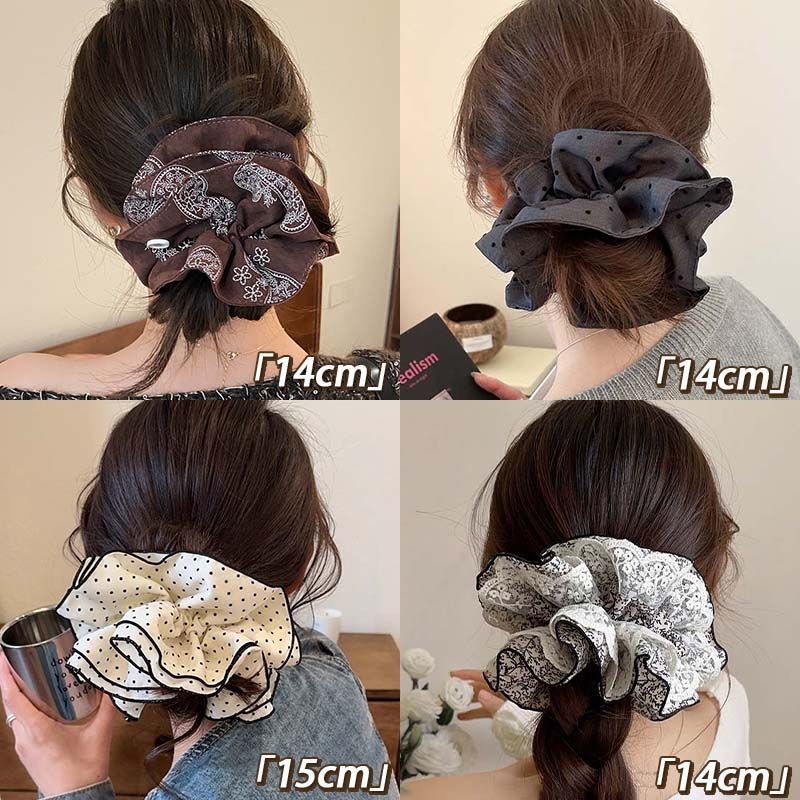 Korean retro high-end paisley double-layer fabric pleated hair tie for creating a voluminous bun or low ponytail