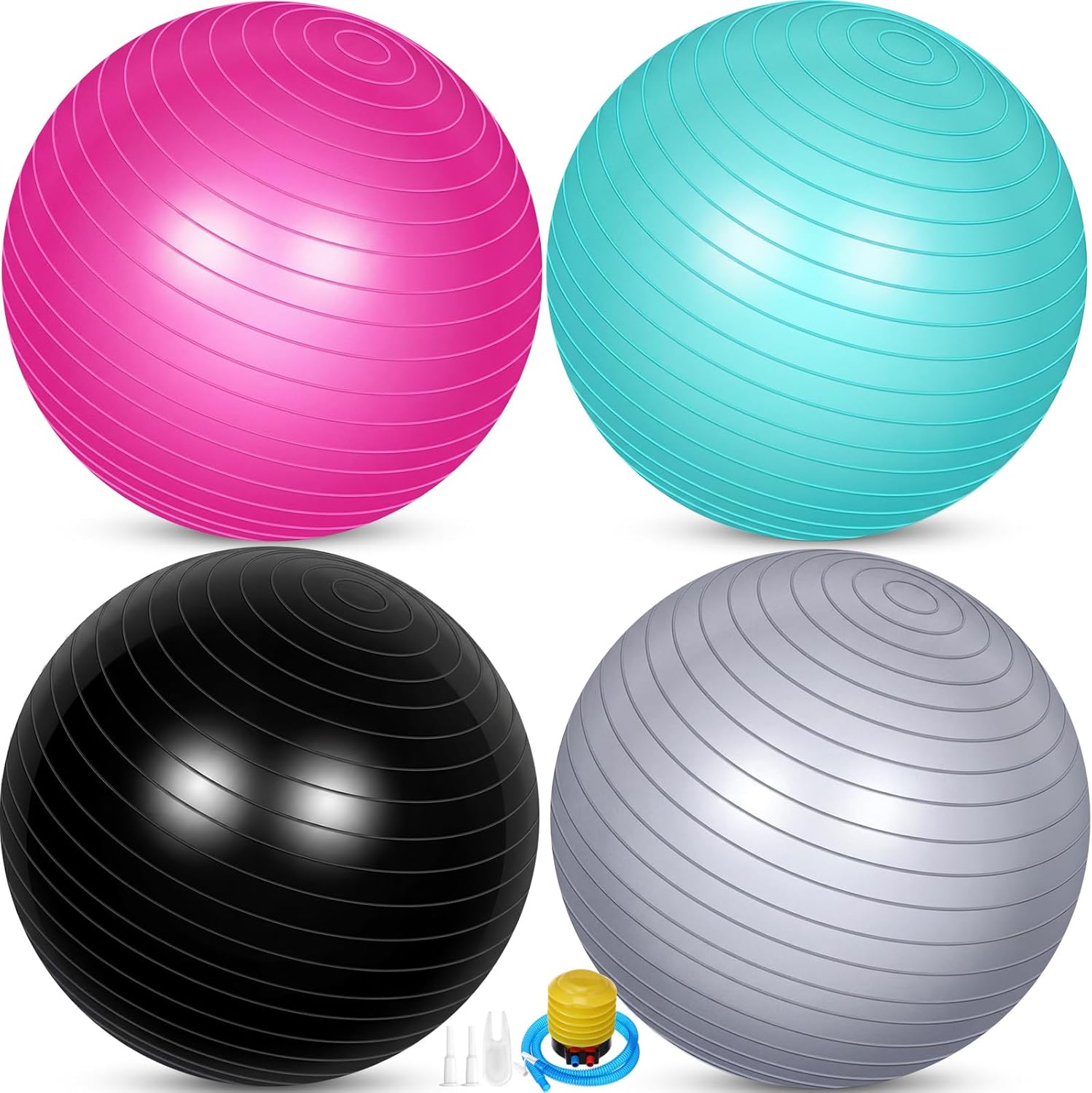 4 Pcs 26 Inch Yoga Exercise Ball Pilates Pregnancy Birthing Fitness Ball with Quick Pump Anti Burst for Improved Posture, Balance, Yoga, Pilates, Training