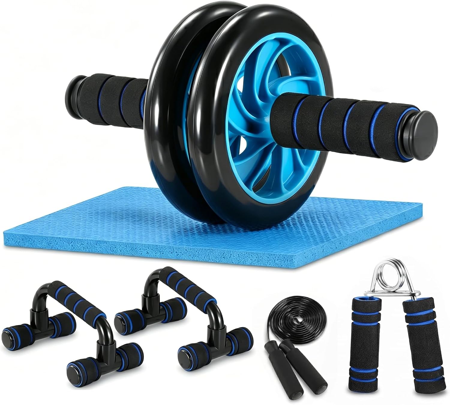 AB Wheel Roller Kit with Push-Up Bar, Knee Mat, Jump Rope and Hand Gripper - Home Gym Workout for Men Women Core Strength & Abdominal Exercis