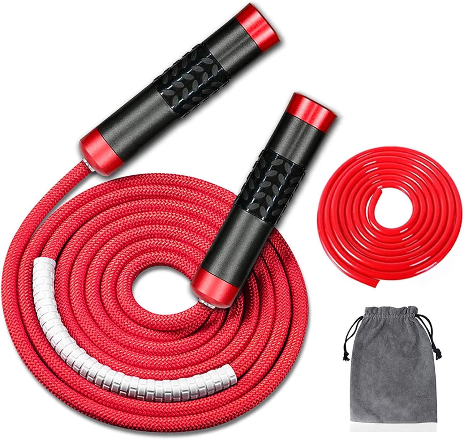 Weighted Jump Rope for Workout Fitness(1LB), Tangle-Free Ball Bearing Rapid Speed Skipping Rope for MMA Boxing Weight-loss,Aluminum Handle Adjustable Length 9MM Fabric Cotton+9MM Solid PVC Rope
