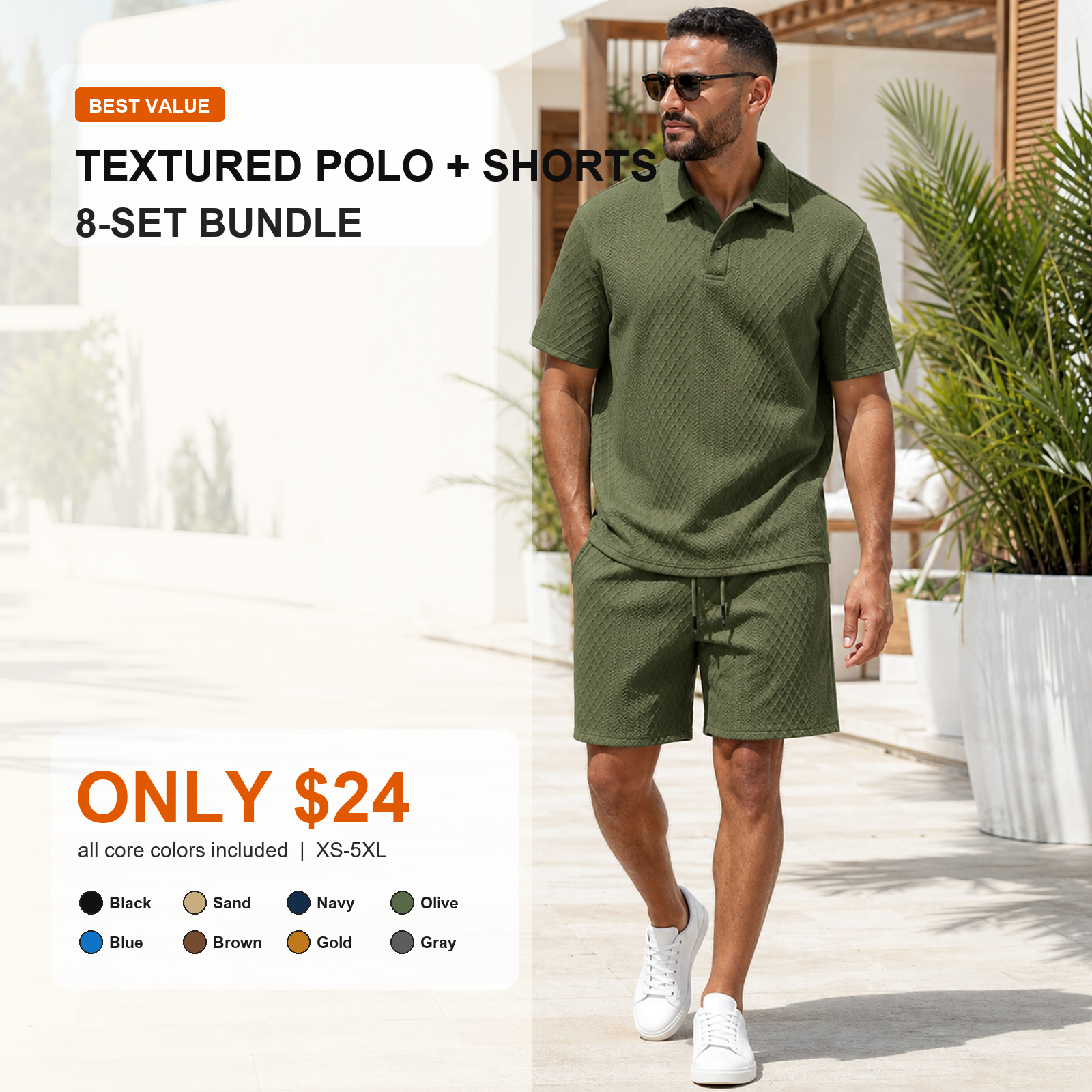 8-set bundle textured polo shirt and drawstring shorts main image