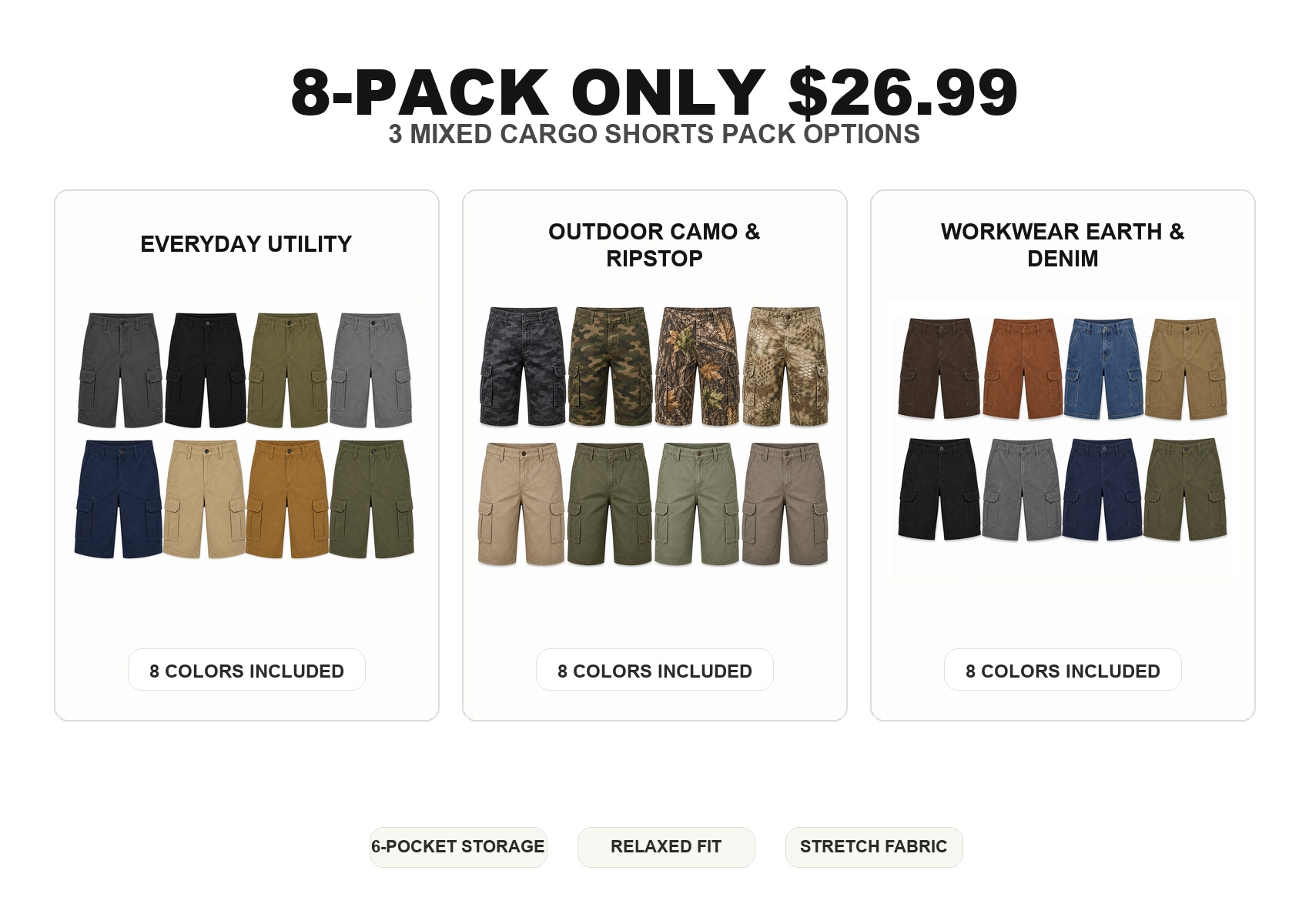 Three mixed 8-pack cargo shorts options