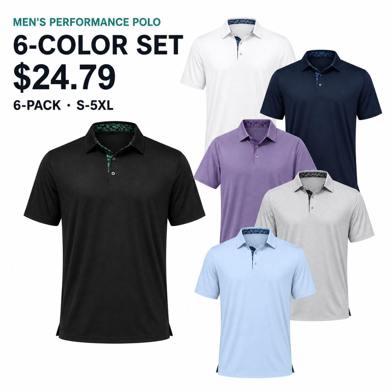 Six-color men's performance polo shirt 6-pack