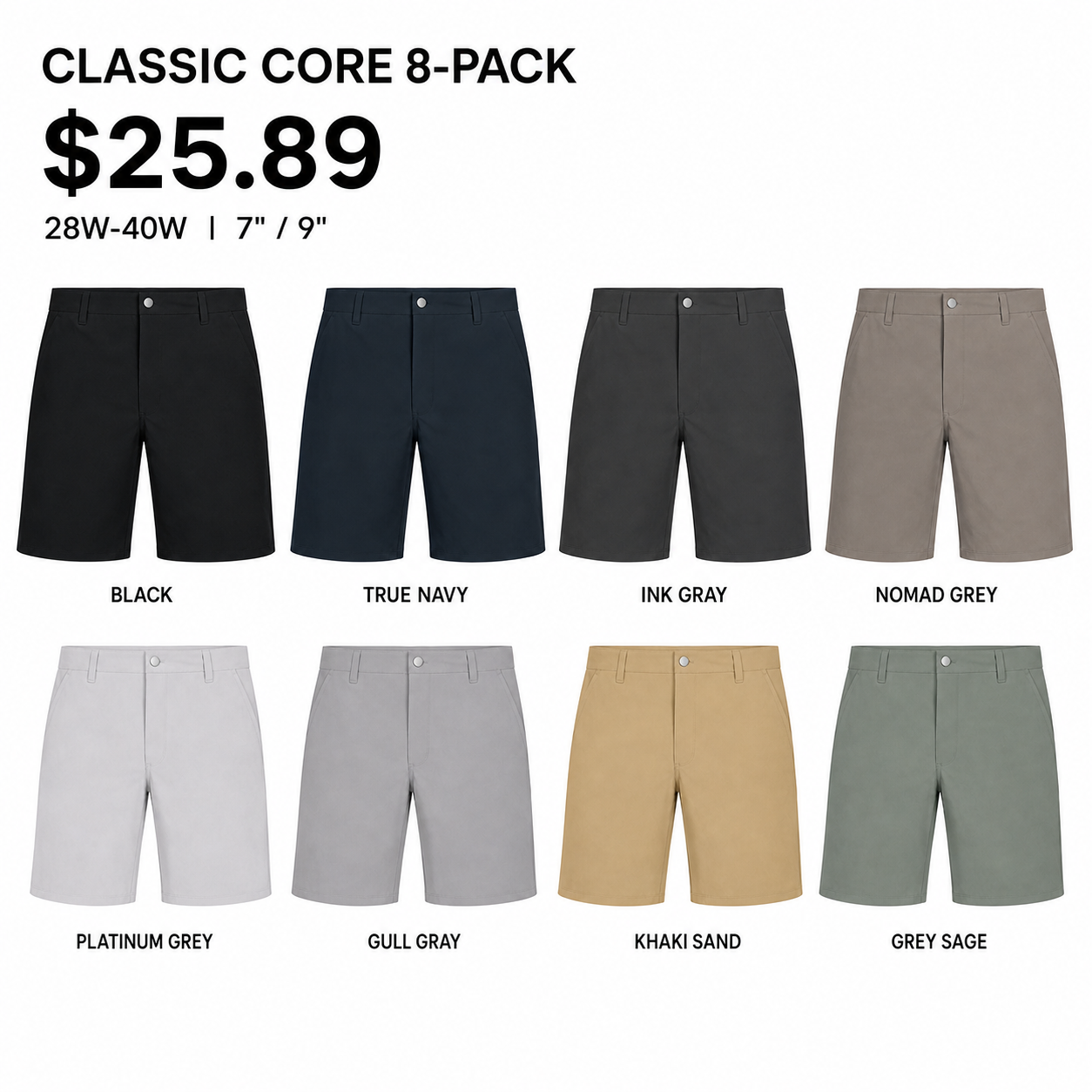 Classic Core eight-color men's golf shorts pack