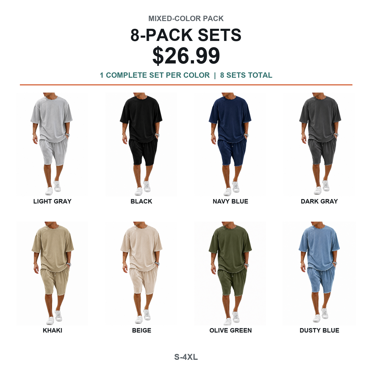 Mixed-color eight-pack of complete men's T-shirt and shorts sets