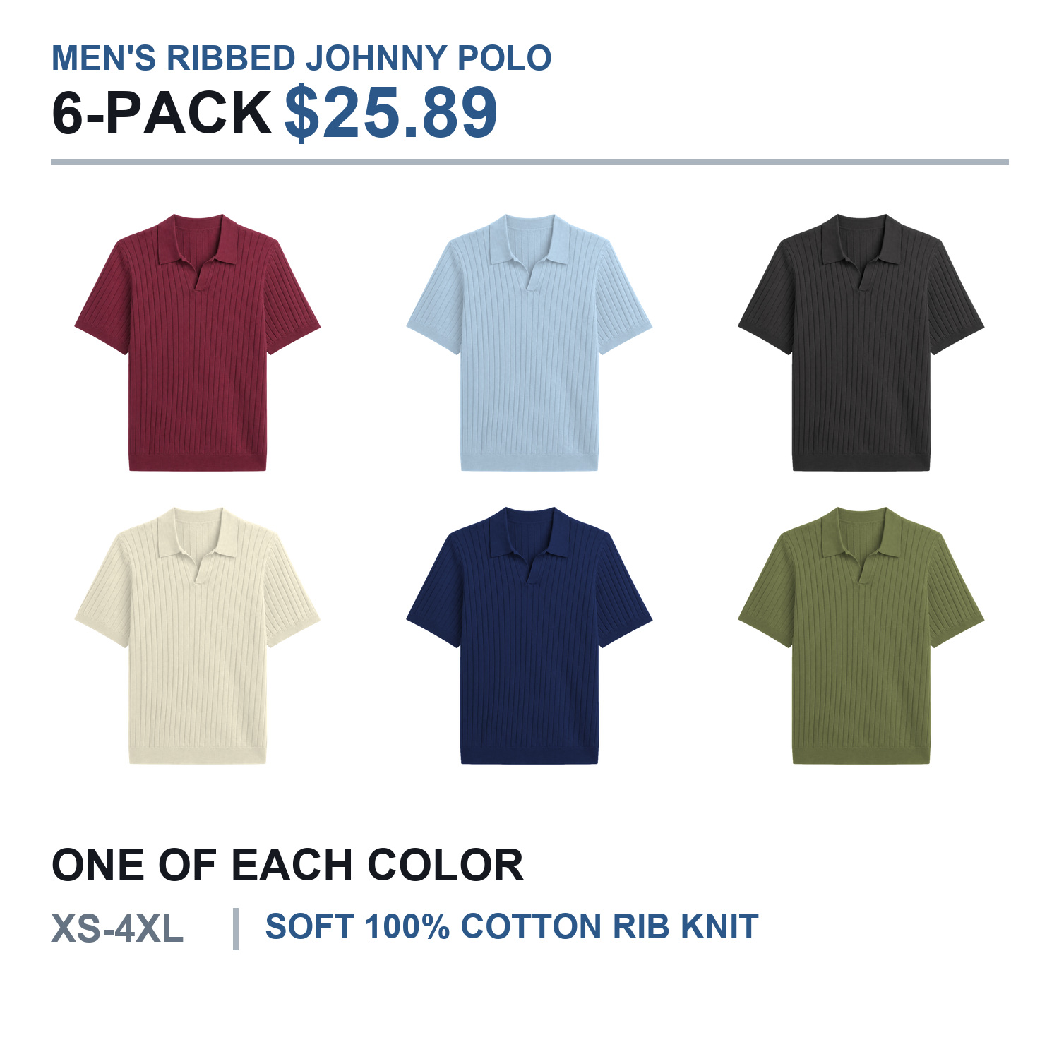 Six-color ribbed Johnny collar polo 6-pack