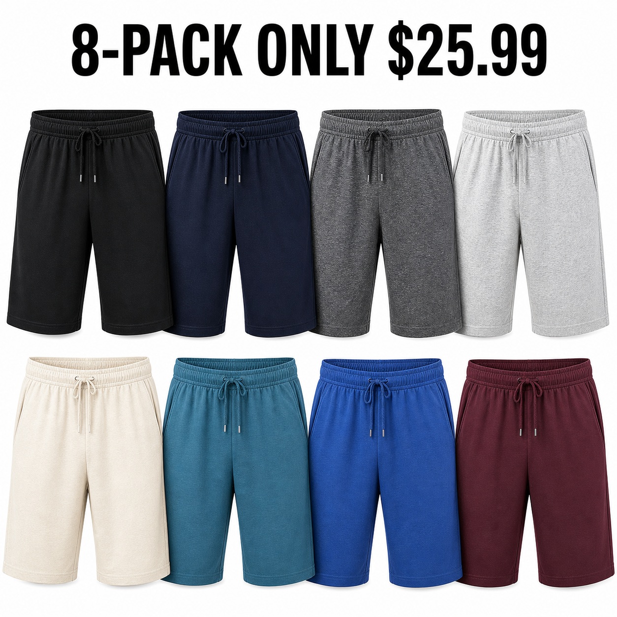 Men's cotton jersey lounge shorts 8-pack mixed color set