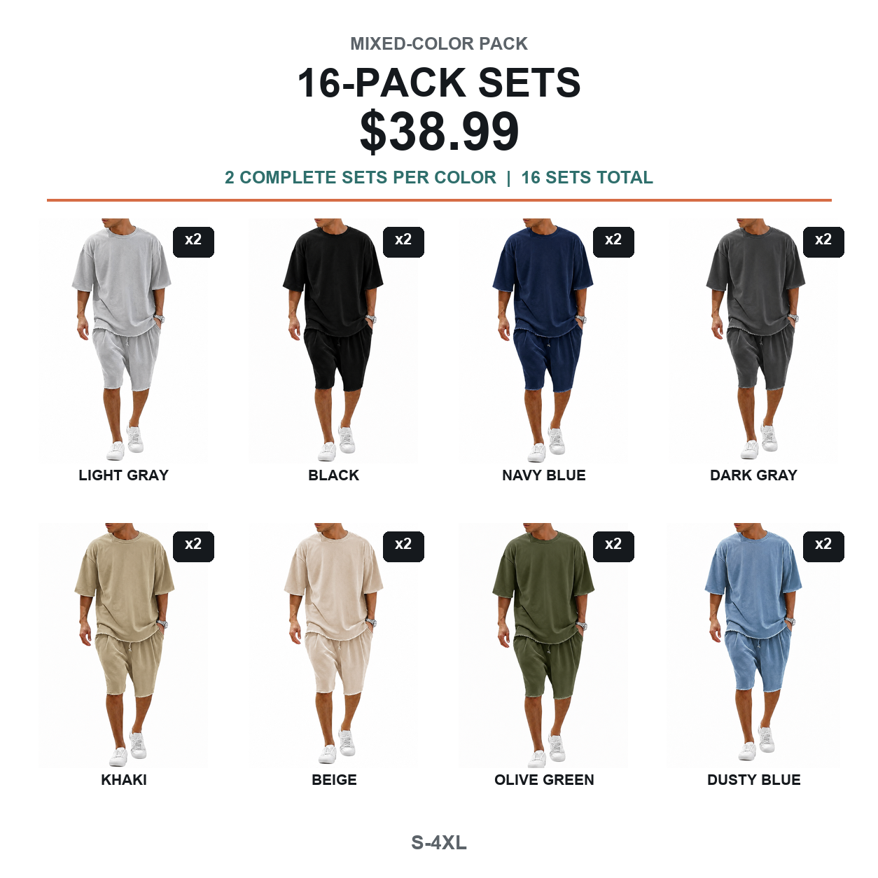 Mixed-color sixteen-pack with two complete men's sets per color