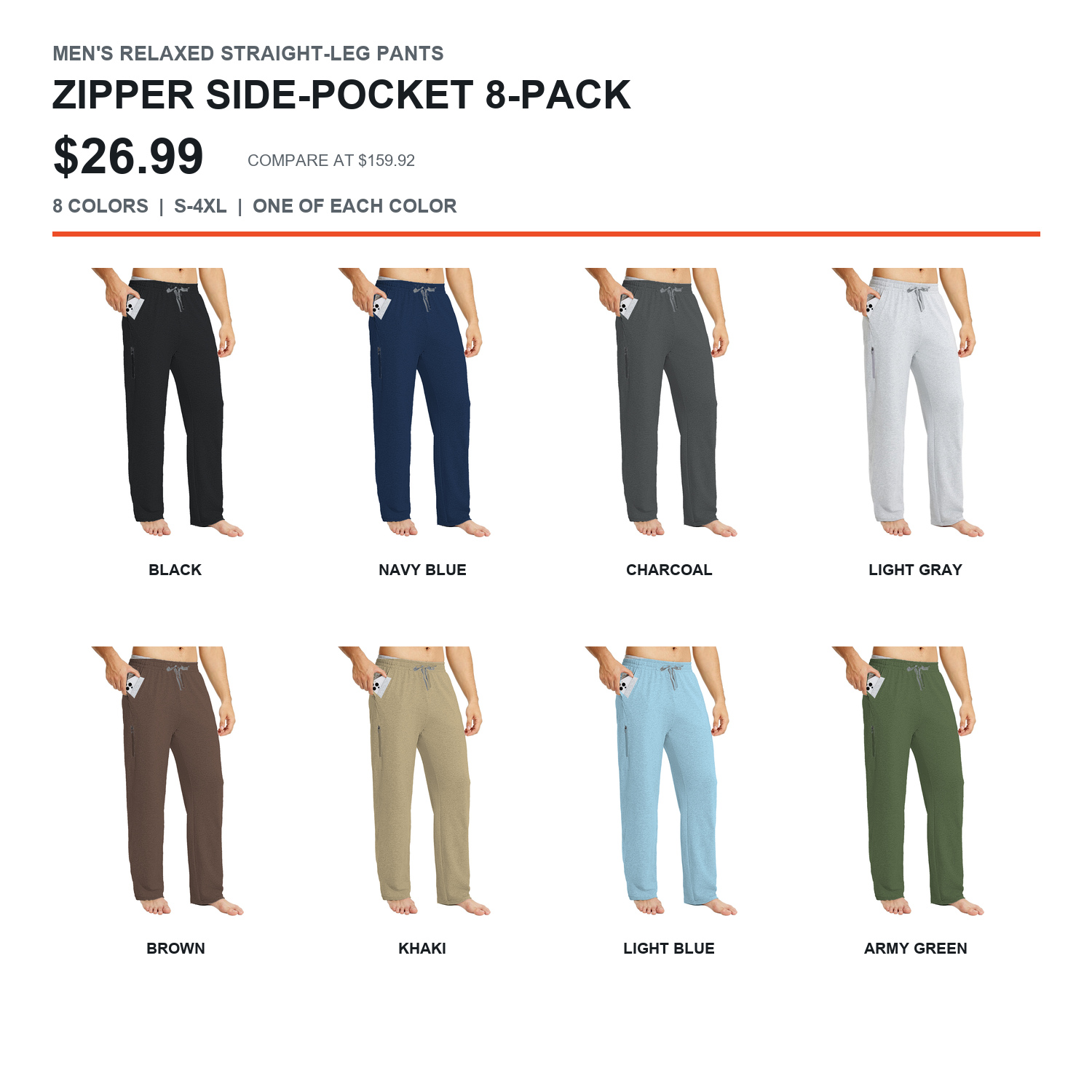 Zipper side-pocket men's relaxed pants eight-color 8-pack