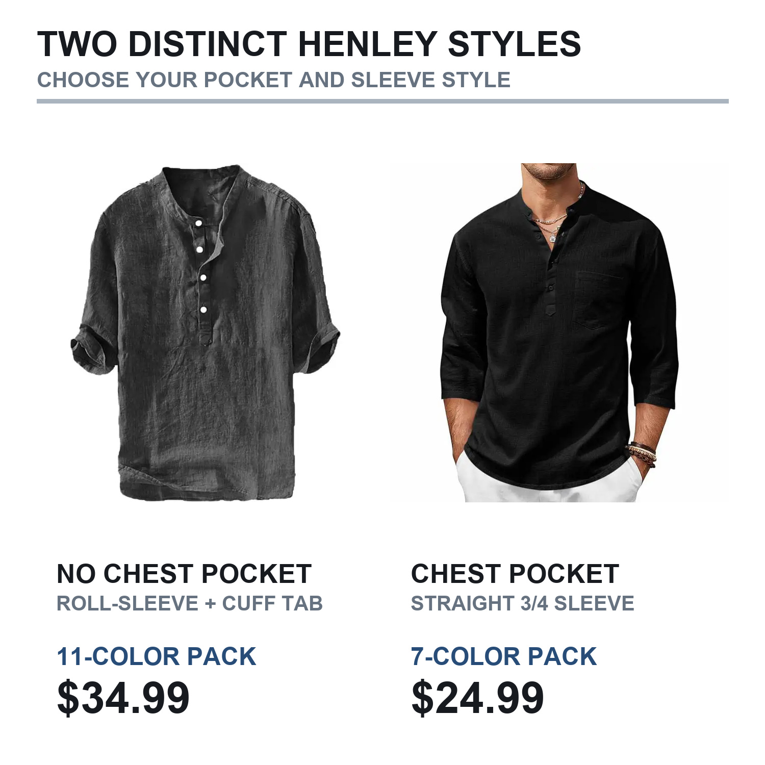 No-pocket roll-sleeve and chest-pocket henley construction comparison