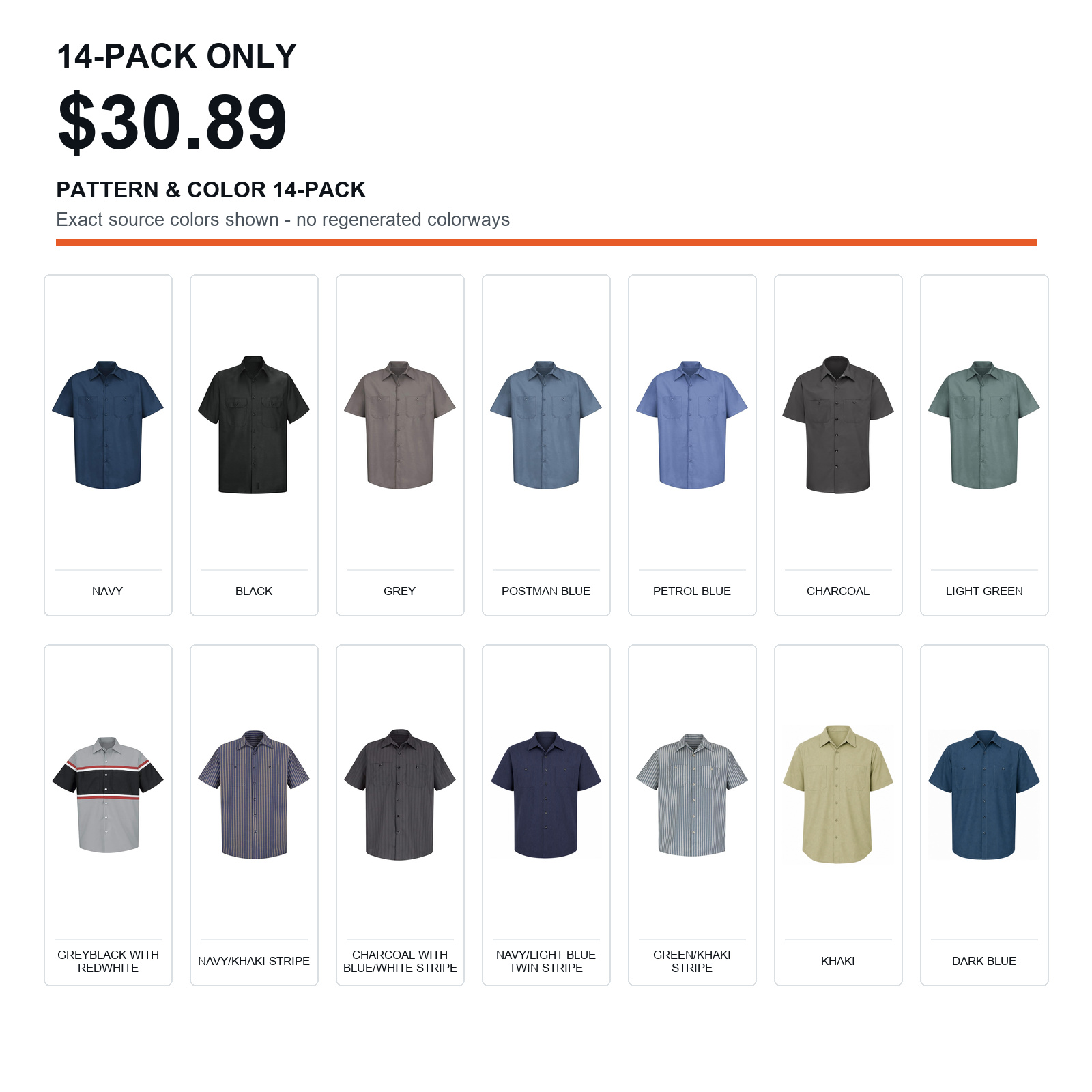 Pattern and Color mixed-color 14-pack men's work shirts
