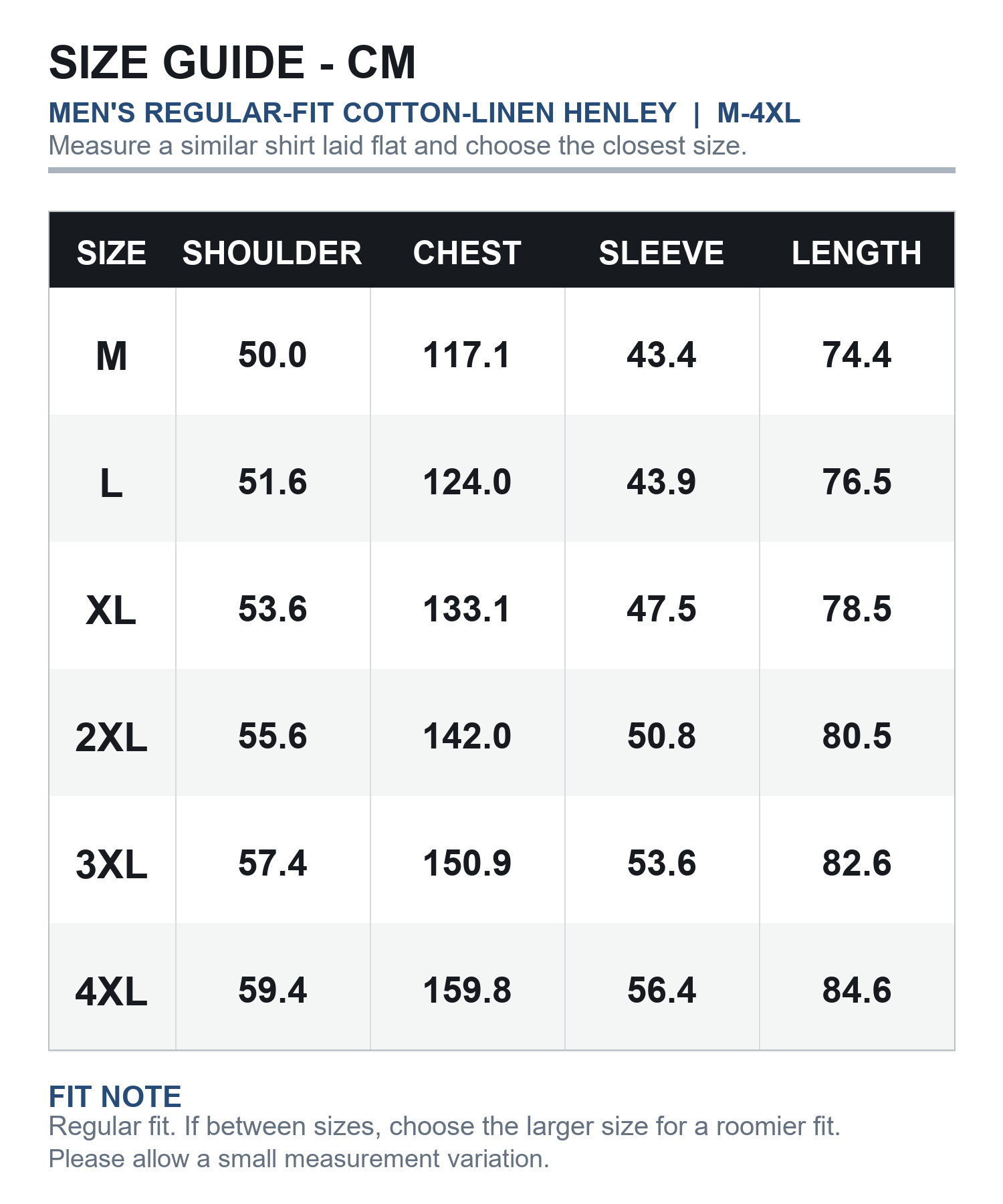 Men's cotton-linen henley shirt size guide in centimeters M through 4XL