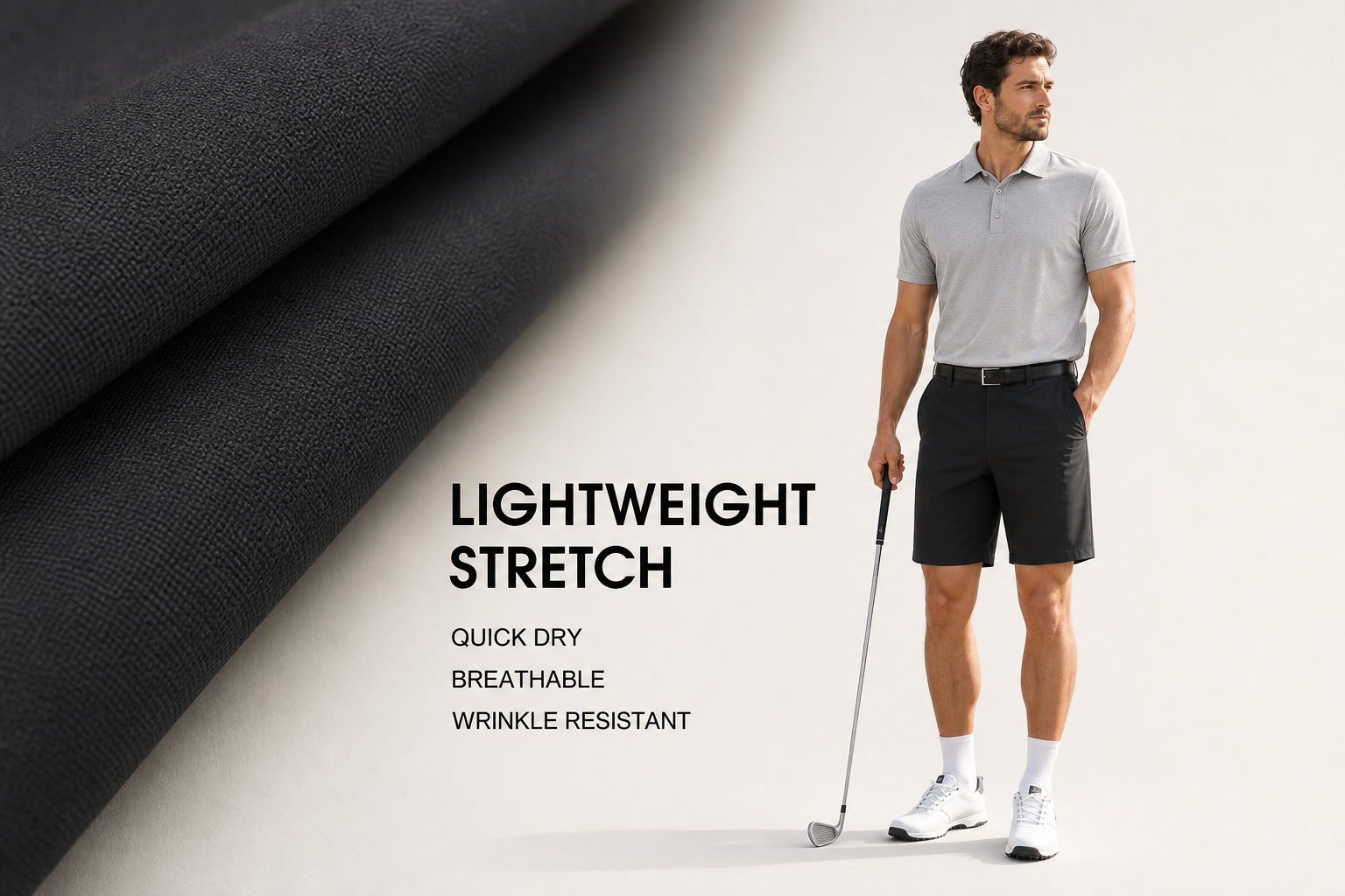 Men's stretch quick-dry golf shorts fabric and movement