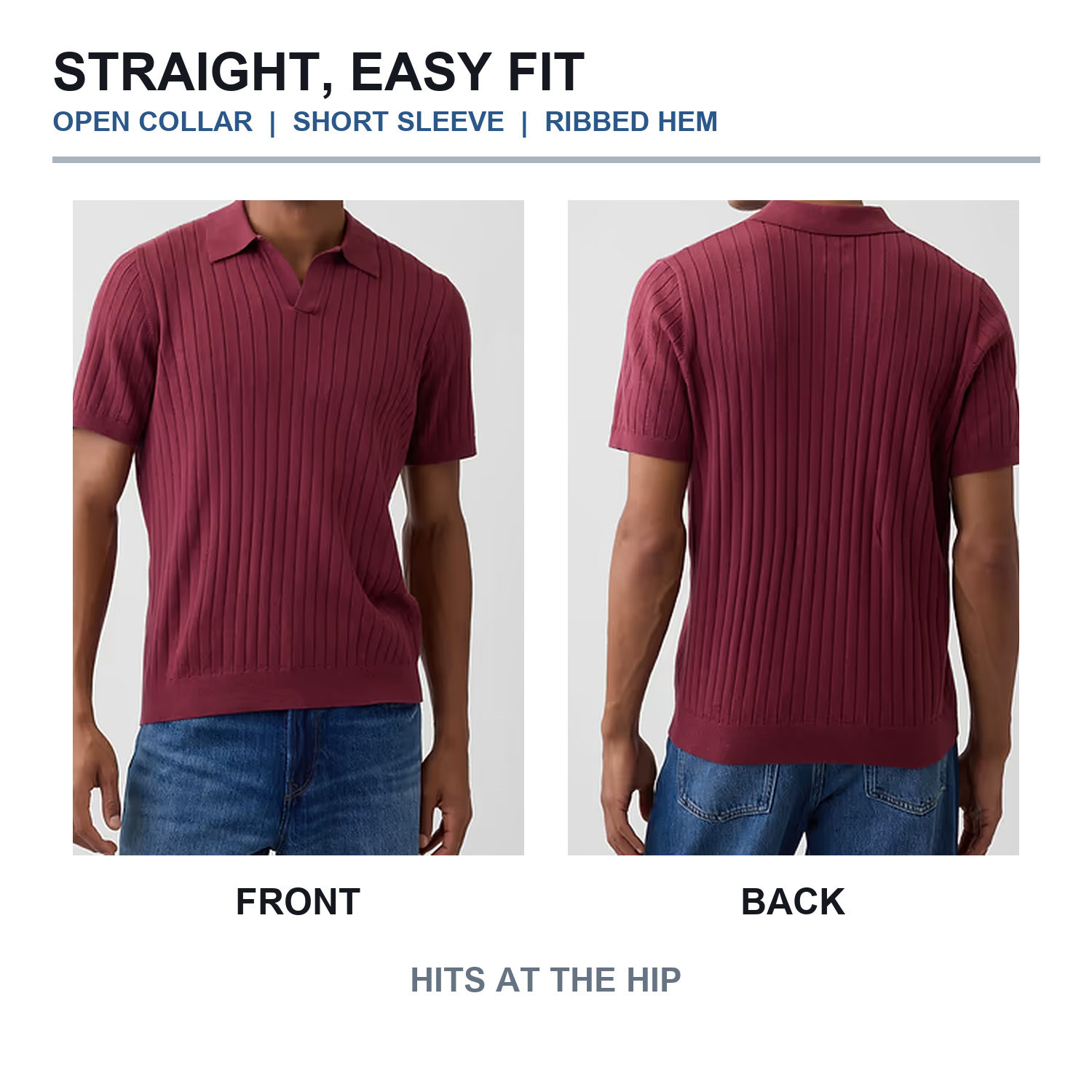 Ribbed Johnny collar polo front and back fit views