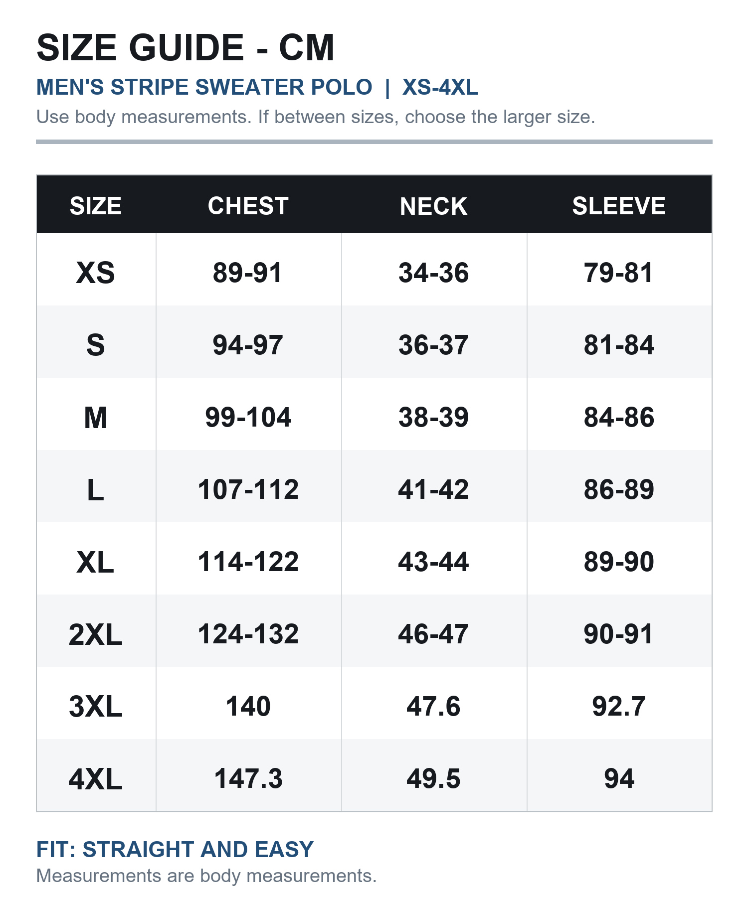 Men's stripe sweater polo size guide in centimeters XS through 4XL