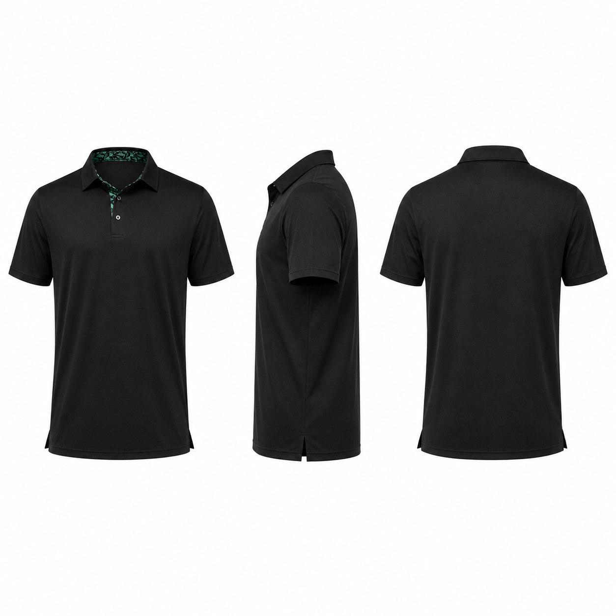 Black men's performance polo shown from the front, right side, and back