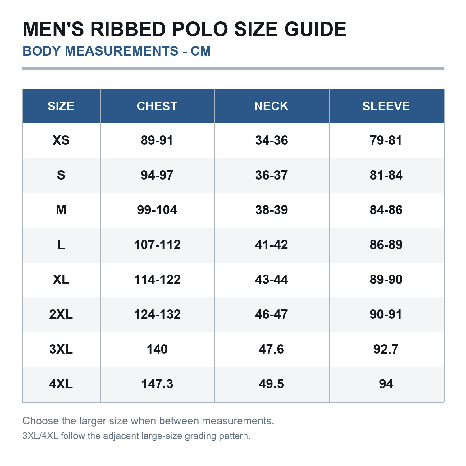Men's ribbed Johnny collar polo size guide in centimeters XS through 4XL