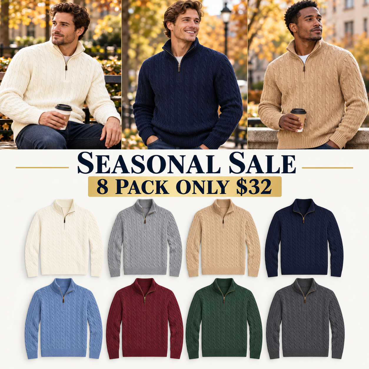 Men’s Cable Knit Quarter Zip Sweater, Classic Long Sleeve Pullover with Ribbed Collar, Cuffs and Hem, 8 Pack Only $32