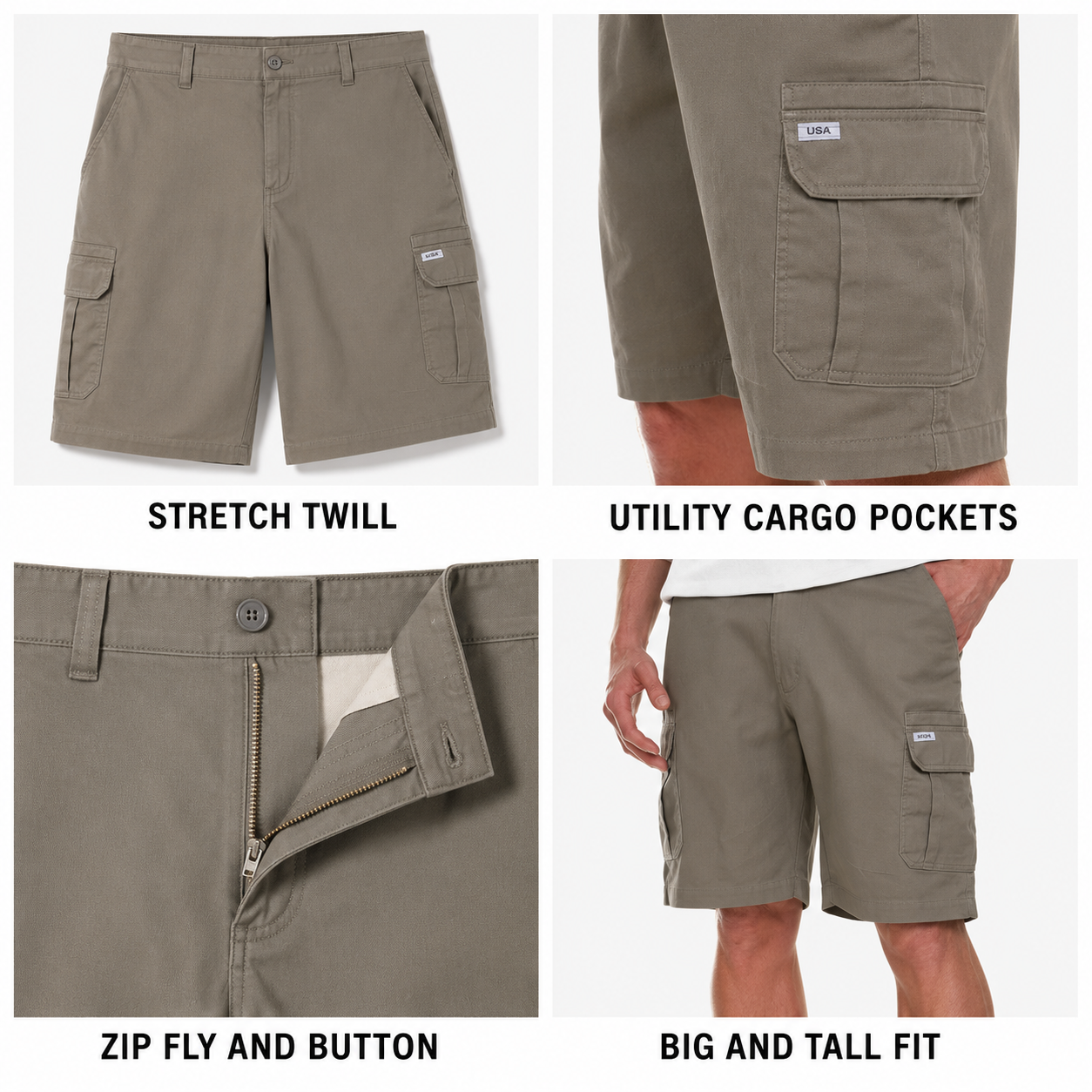 Men's Big & Tall Stretch Twill Cargo Shorts - Single Colors & 7-Pack Mixed Color Set - 9/10 Inch Inseam Utility Shorts