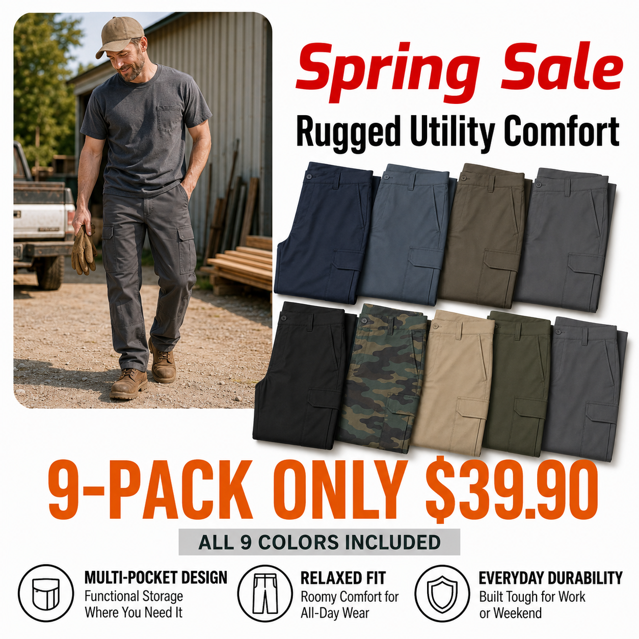 Men's Stretch Cargo Work Pants, Regular Fit Straight Leg, Comfortable Flexible Pants with Expandable Cargo Pockets